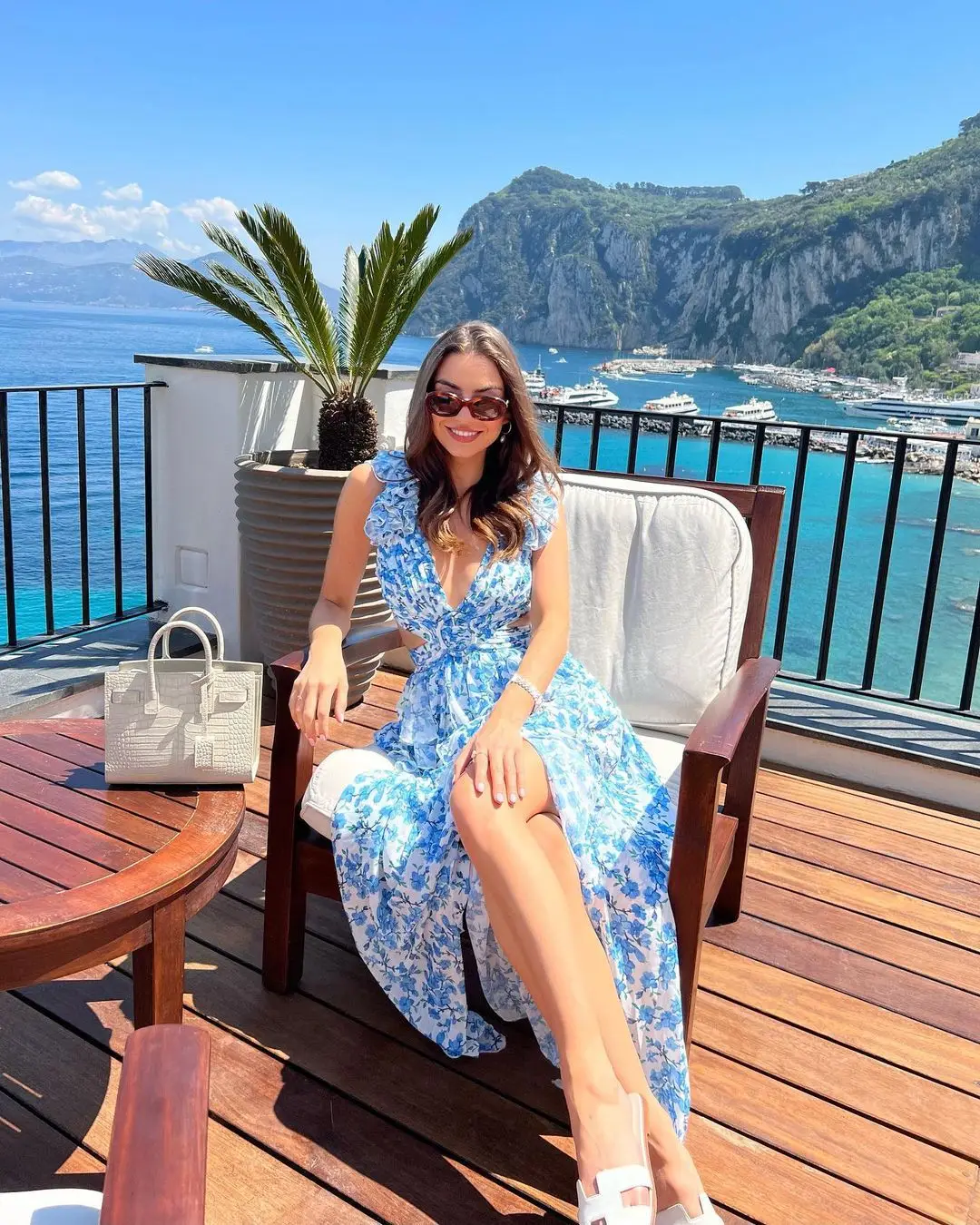 Summer Vacation Sexy Print Long Dress Deep V-Neck Backless Slim Fit Ruffled Floral Dress