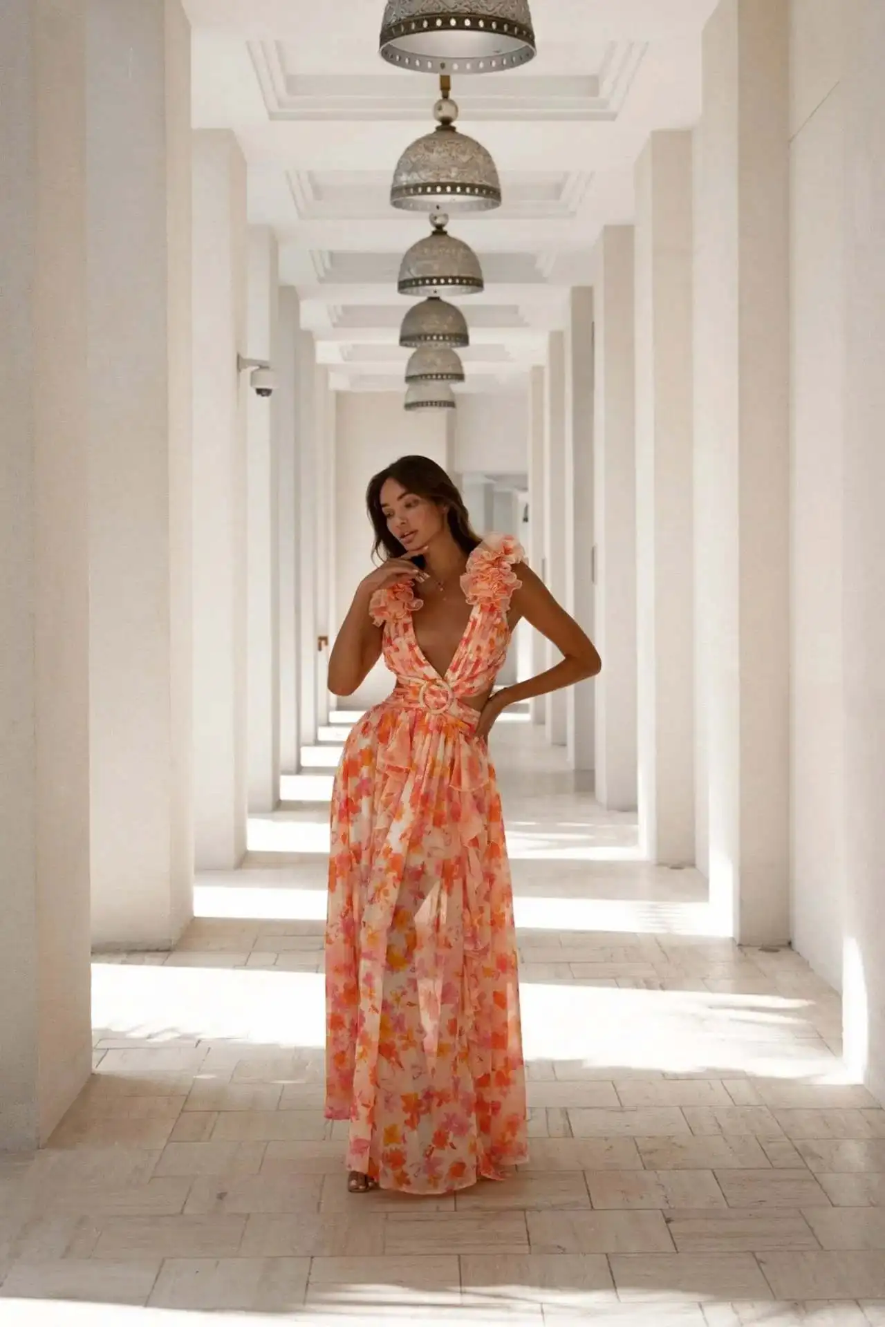 Summer Vacation Sexy Print Long Dress Deep V-Neck Backless Slim Fit Ruffled Floral Dress