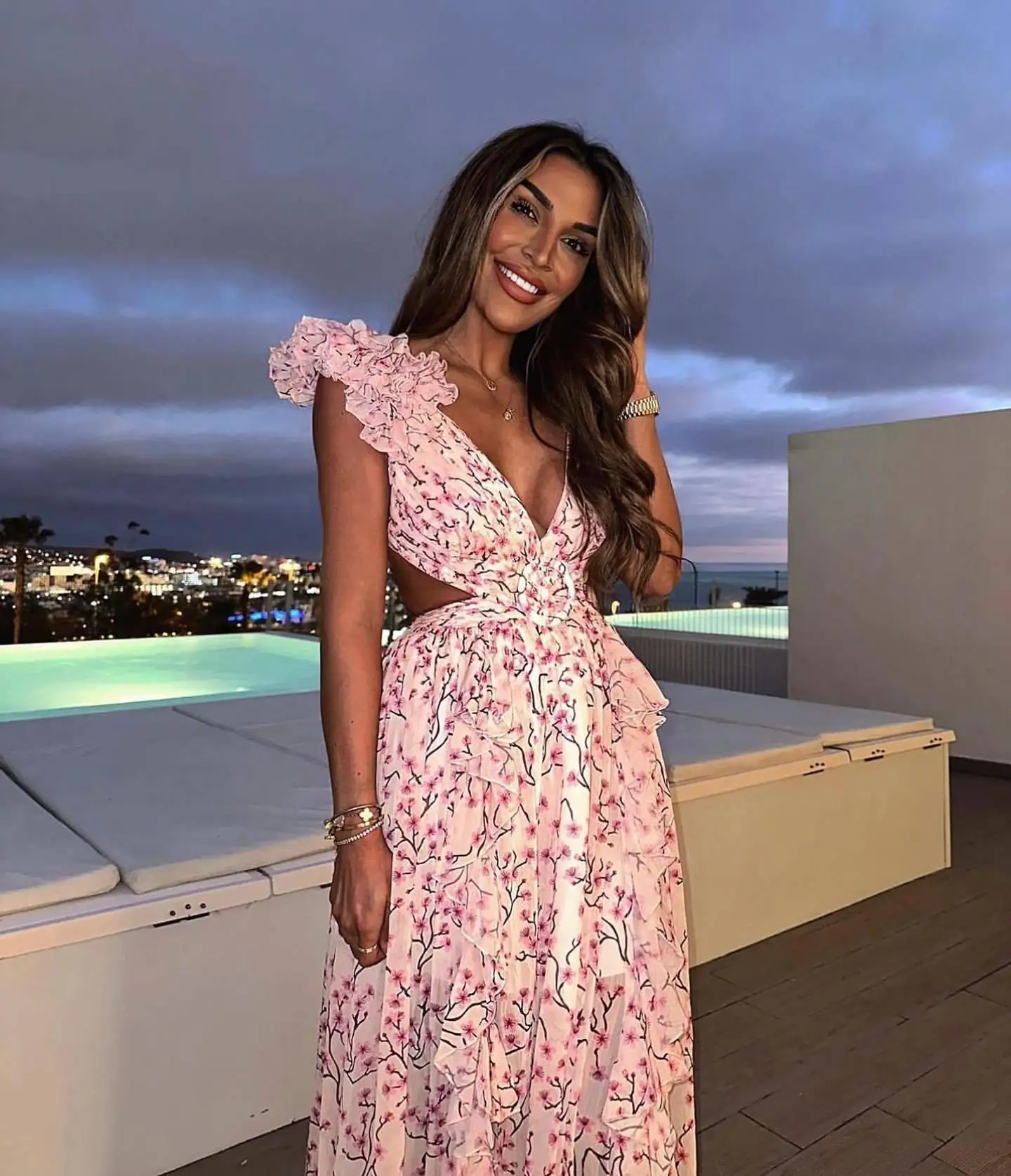 Summer Vacation Sexy Print Long Dress Deep V-Neck Backless Slim Fit Ruffled Floral Dress