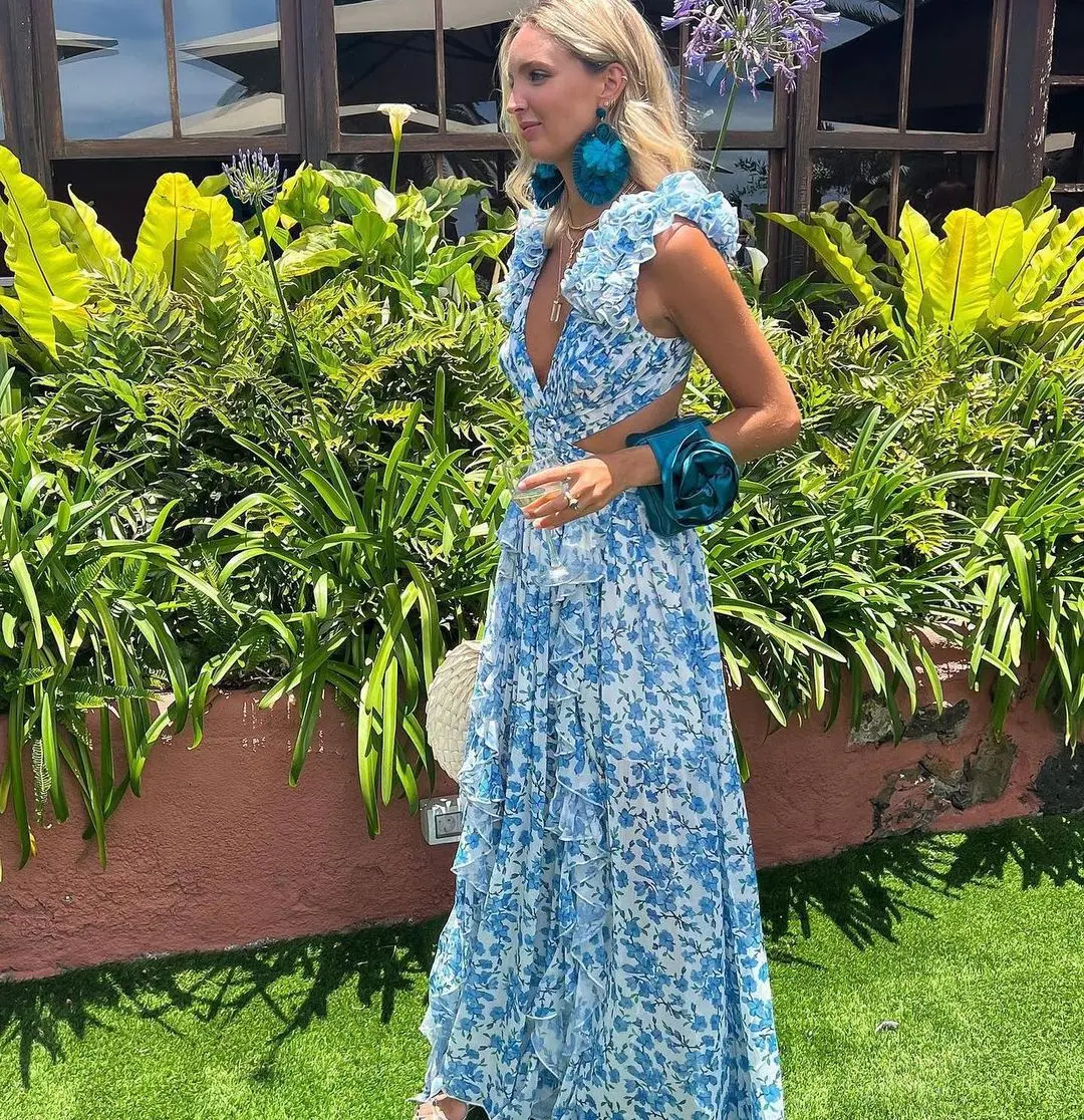 Summer Vacation Sexy Print Long Dress Deep V-Neck Backless Slim Fit Ruffled Floral Dress