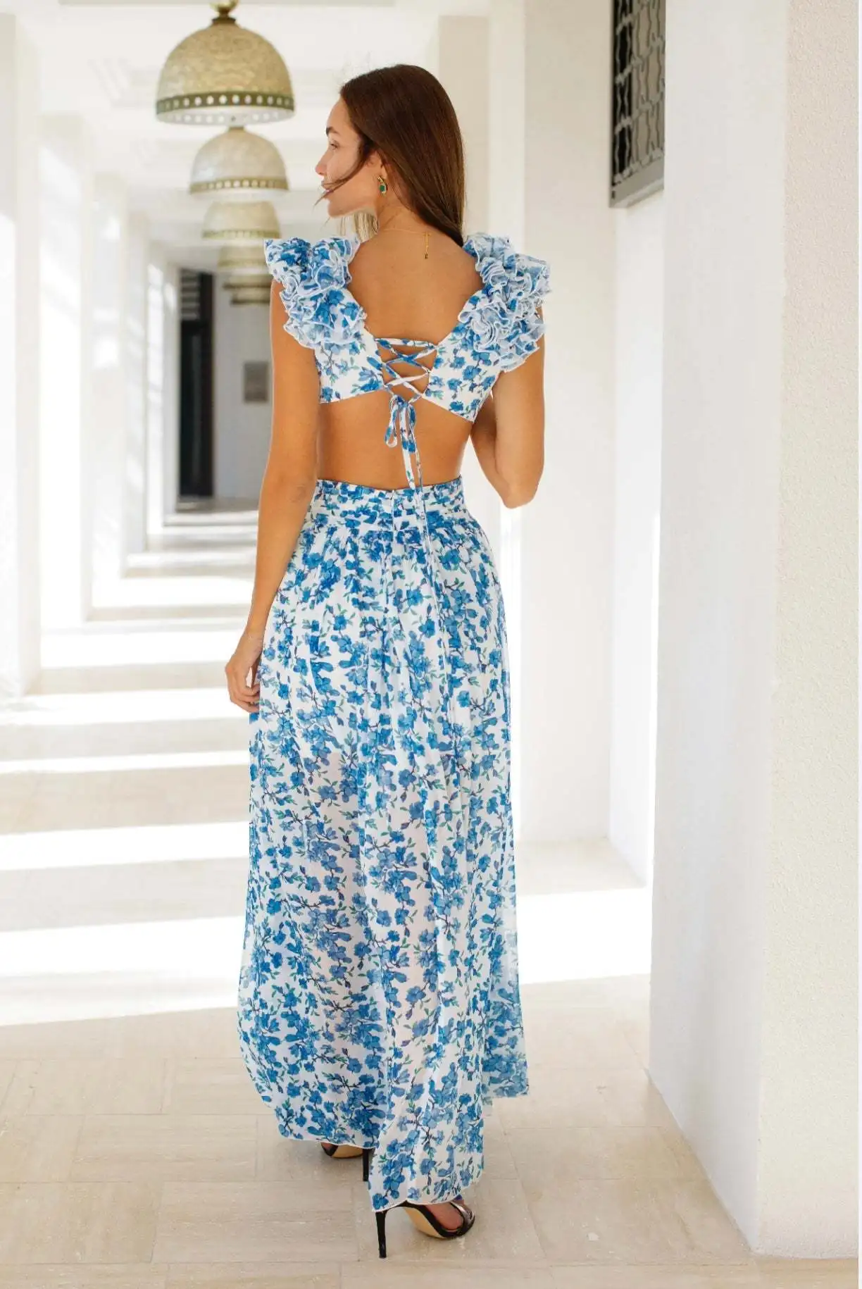 Summer Vacation Sexy Print Long Dress Deep V-Neck Backless Slim Fit Ruffled Floral Dress