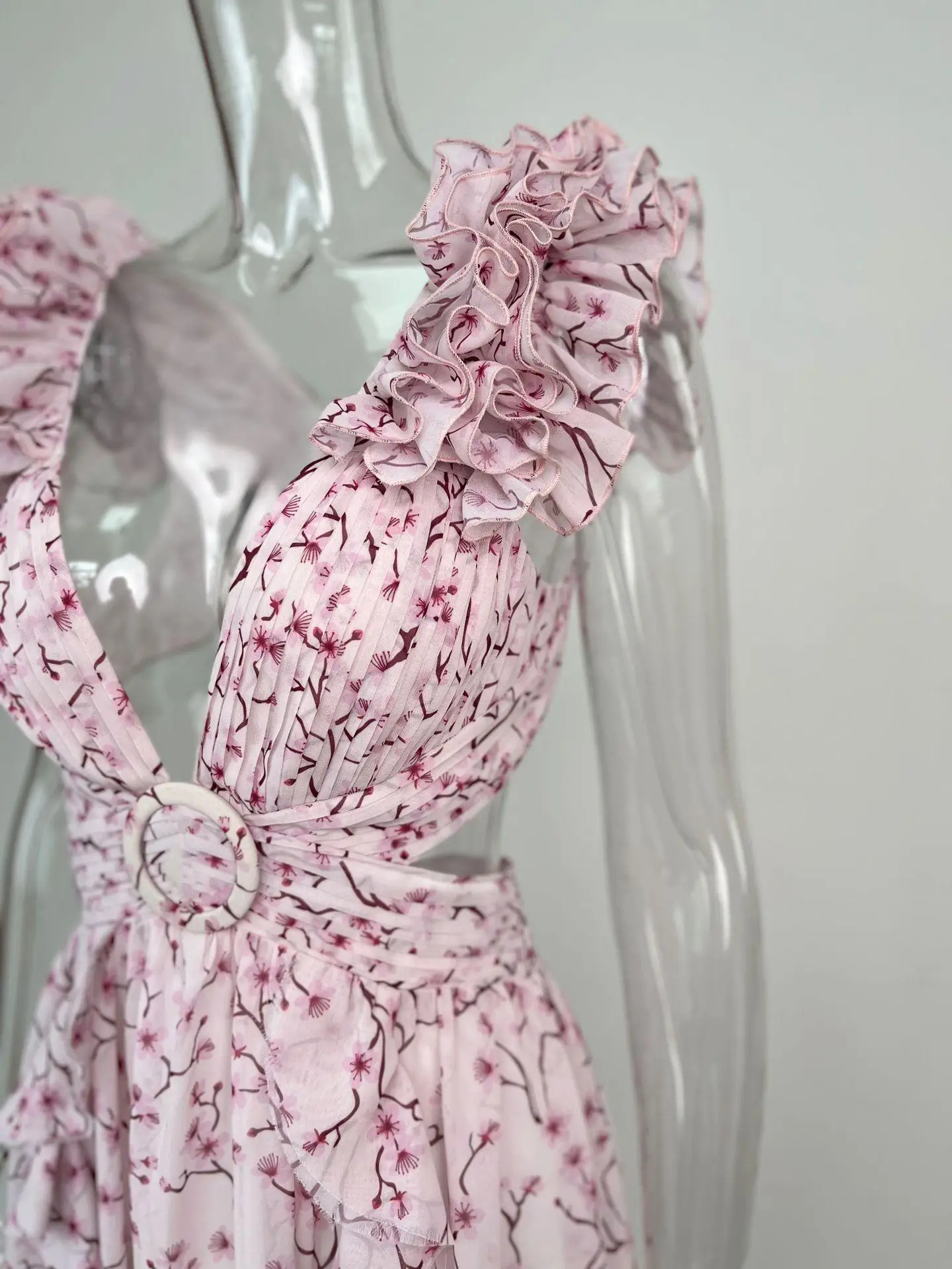 Summer Vacation Sexy Print Long Dress Deep V-Neck Backless Slim Fit Ruffled Floral Dress