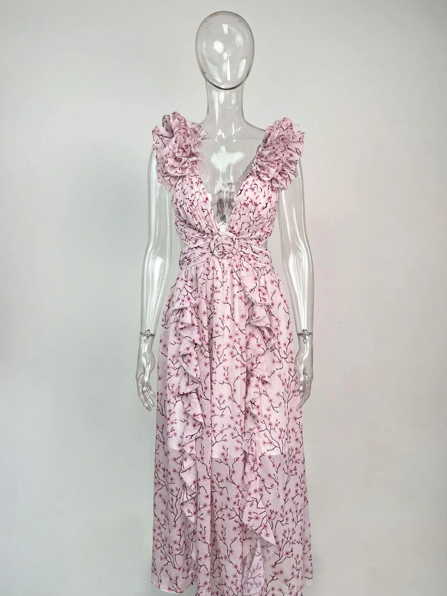 Summer Vacation Sexy Print Long Dress Deep V-Neck Backless Slim Fit Ruffled Floral Dress