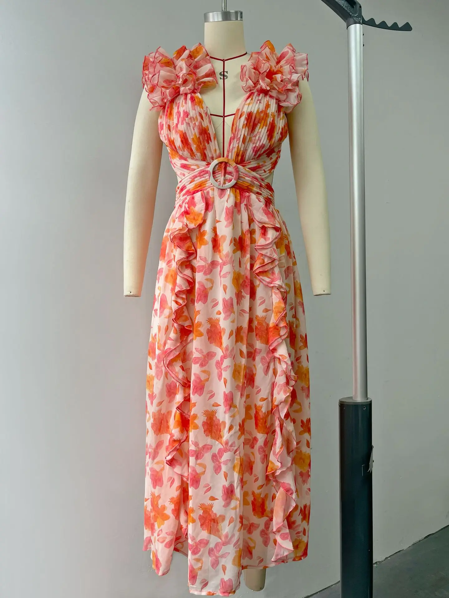 Summer Vacation Sexy Print Long Dress Deep V-Neck Backless Slim Fit Ruffled Floral Dress