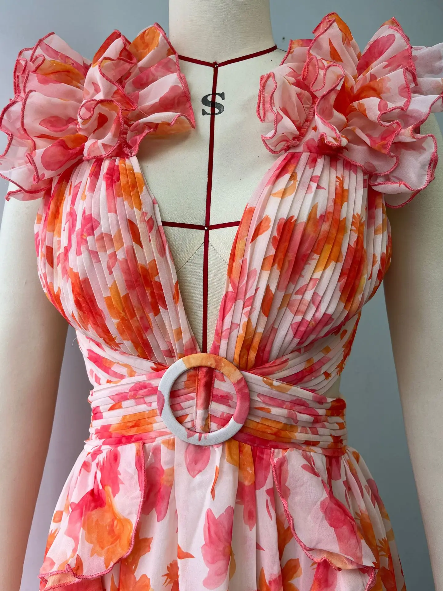 Summer Vacation Sexy Print Long Dress Deep V-Neck Backless Slim Fit Ruffled Floral Dress