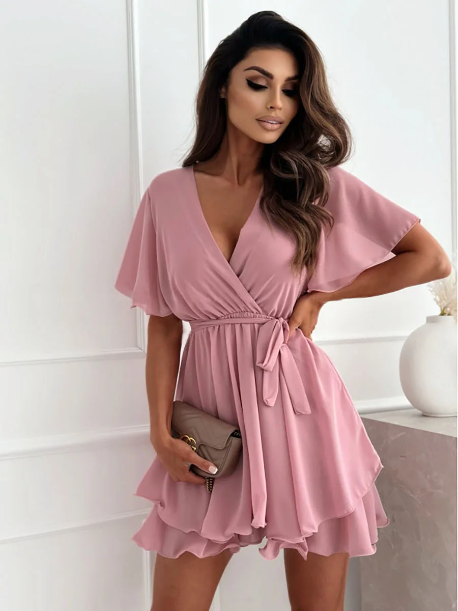 Chiffon White Women Dress for 2025 Summer Short Sleeve Slim Fit Fashion Korean Female Clothing Party Vintage Formal Occas Dress