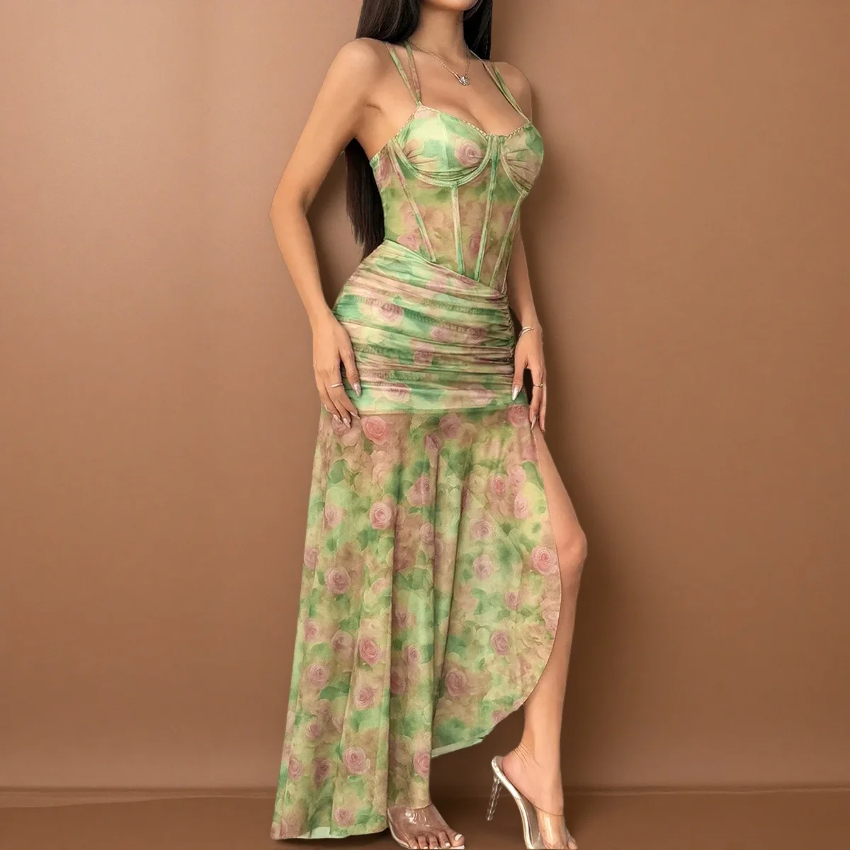 Sexy Sleeveless Floral Print Long Dresses Fashion Women Split Spaghetti Strap Summer Bodycon Casual Beach Evening Party Vestidos