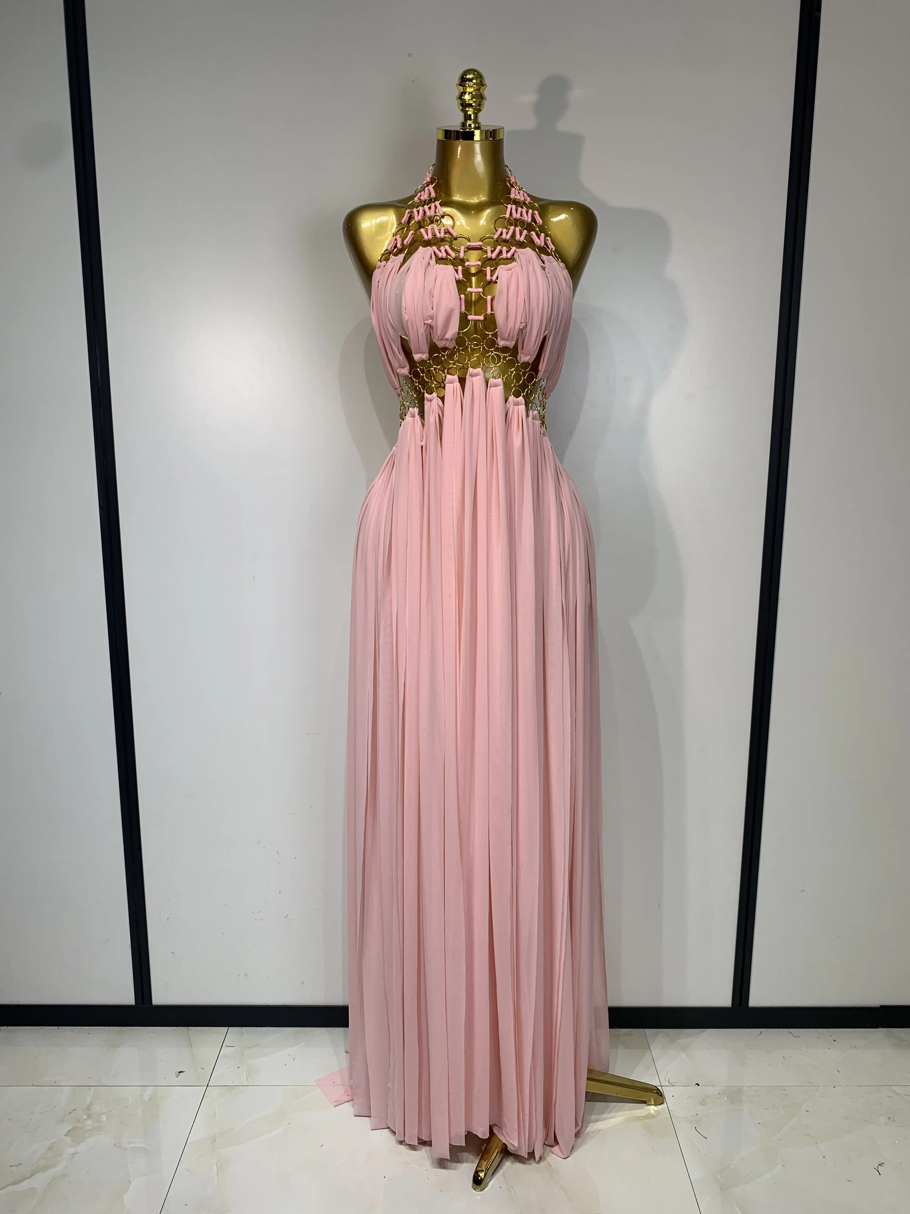 Women Sexy Hollow Out Backless Long Dress Nightclub Bar Stage Performance Costume Eveing Birthday Party Homecoming Dress