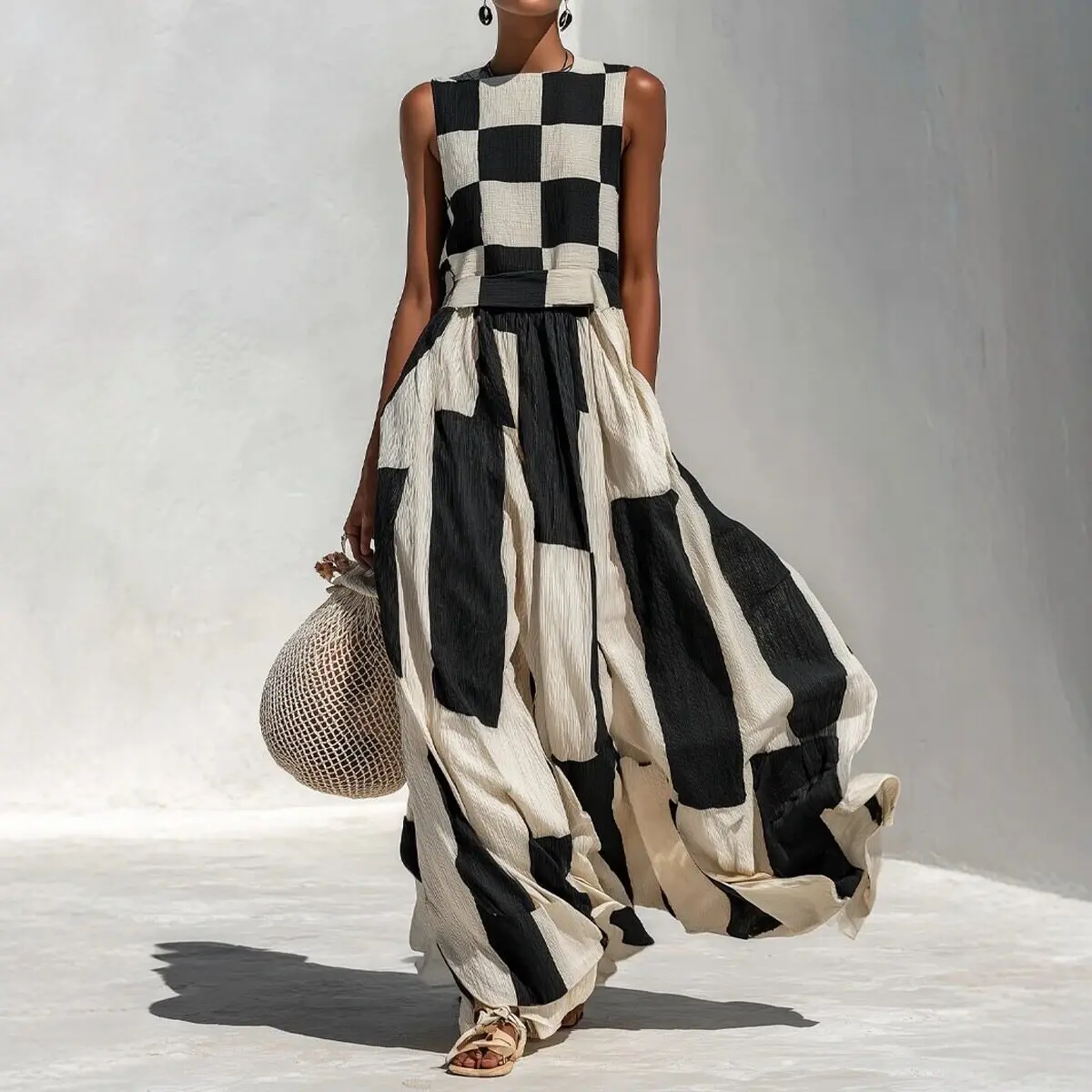 Sleeveless Black White Geometric Patchwork Print Party Dress Women Summer O Neck Loose Maxi Dress Elegant Holiday Ladies Dress