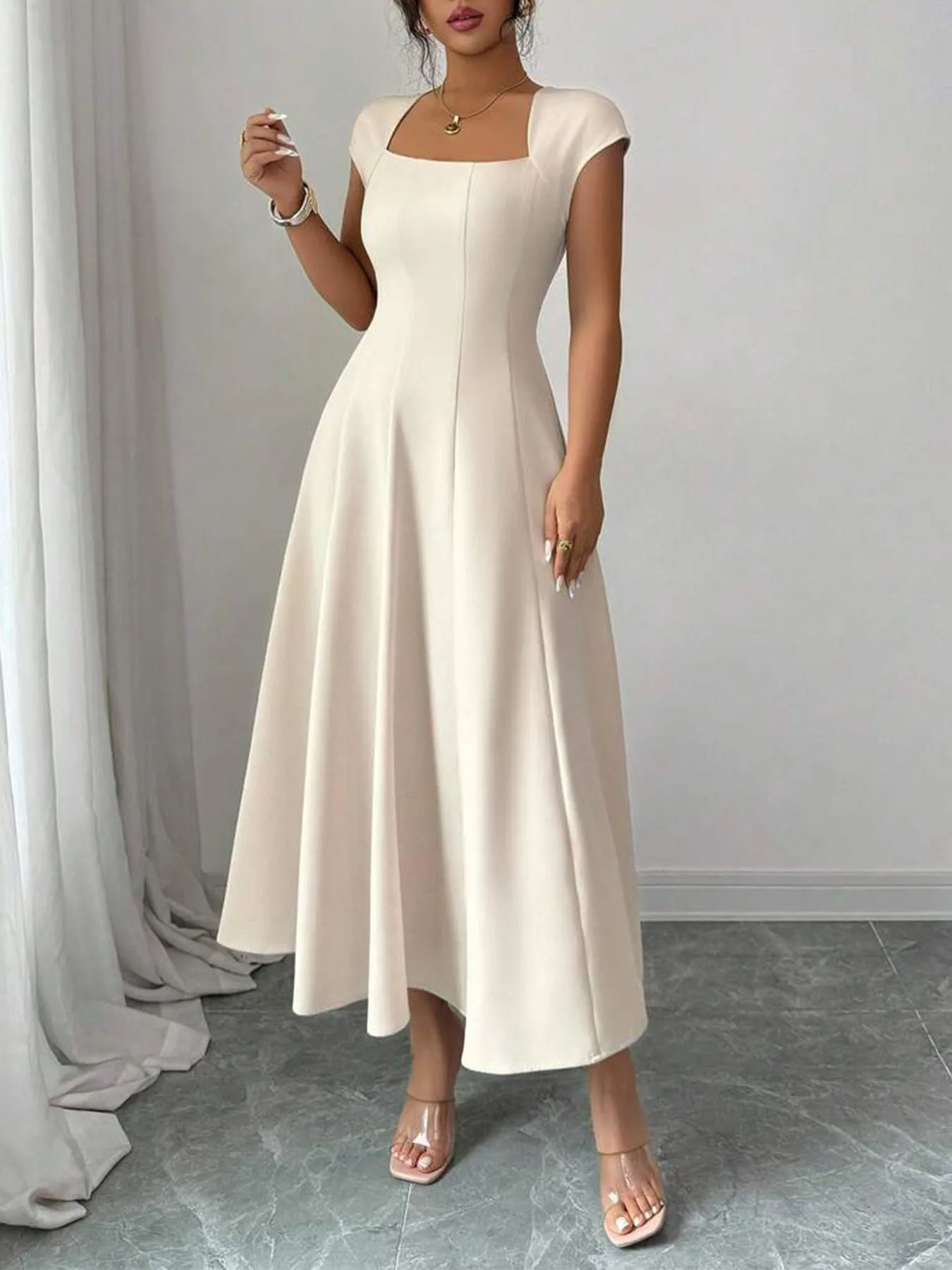 2026 Fashion Elegant Evening Dress A-line Dresses For Woman Party Wedding Vestidos Temperament Short Sleeves Solid Color Banquet