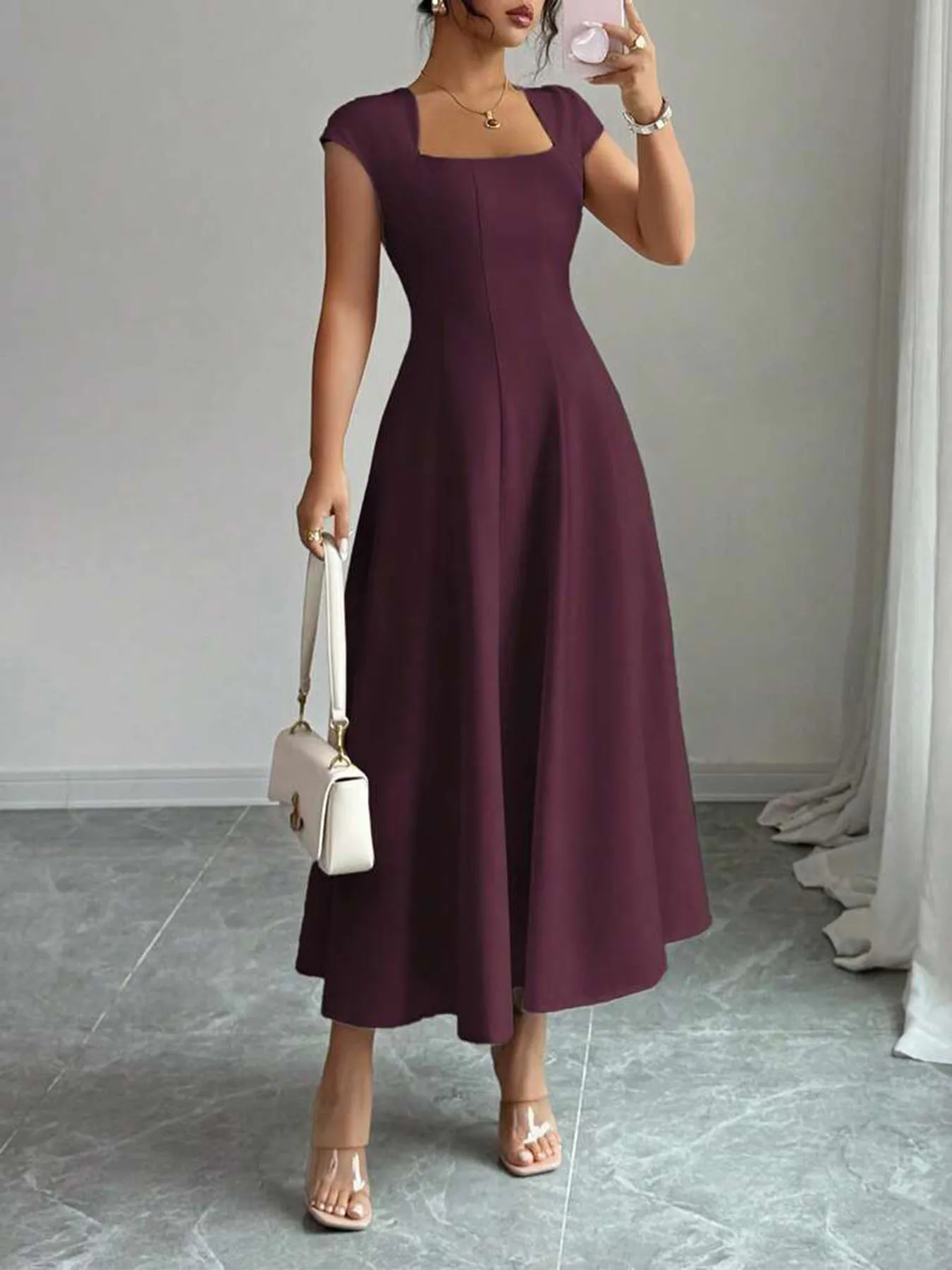 2026 Fashion Elegant Evening Dress A-line Dresses For Woman Party Wedding Vestidos Temperament Short Sleeves Solid Color Banquet