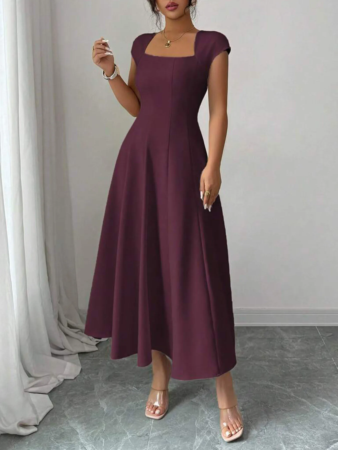 2026 Fashion Elegant Evening Dress A-line Dresses For Woman Party Wedding Vestidos Temperament Short Sleeves Solid Color Banquet