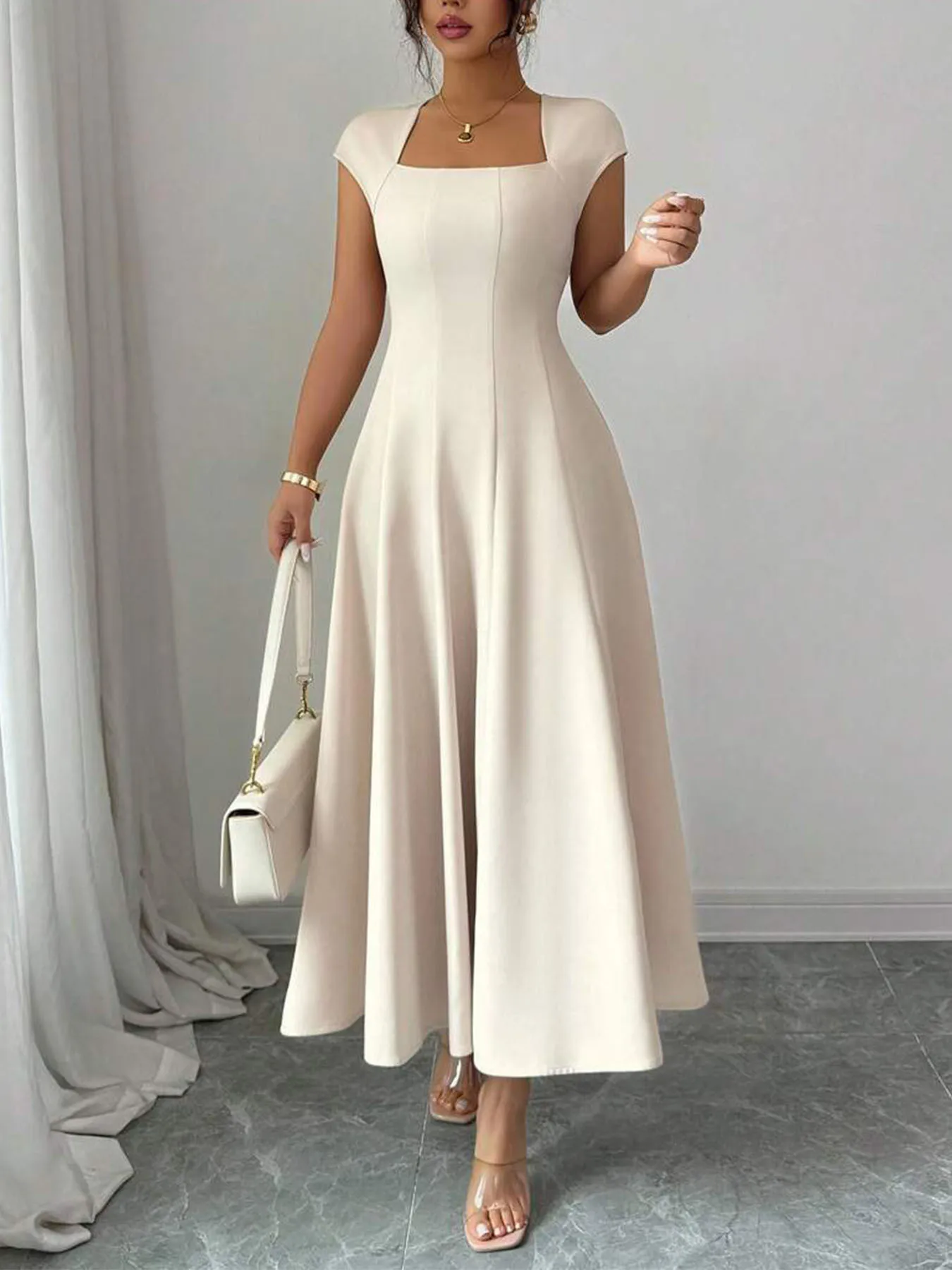2026 Fashion Elegant Evening Dress A-line Dresses For Woman Party Wedding Vestidos Temperament Short Sleeves Solid Color Banquet