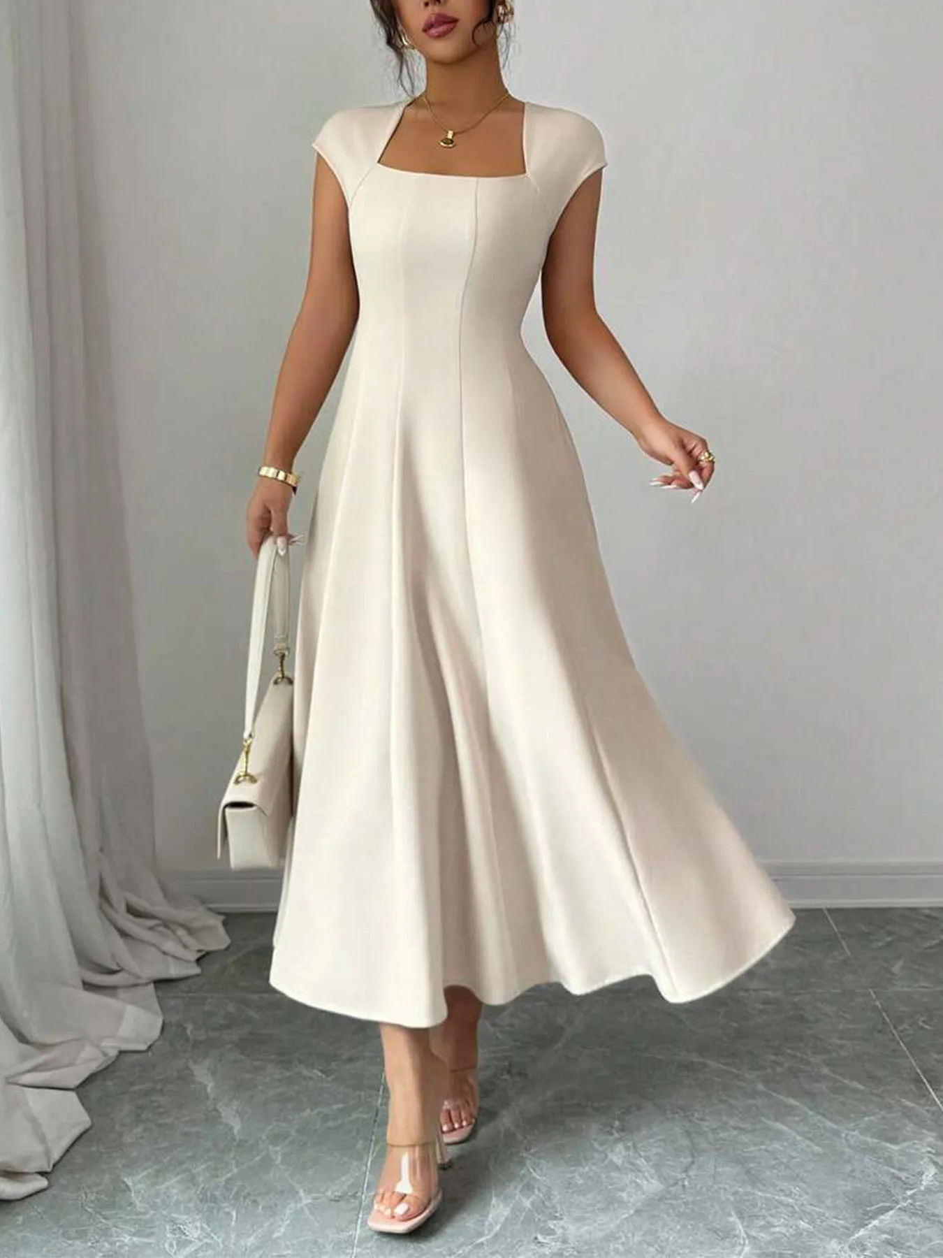 2026 Fashion Elegant Evening Dress A-line Dresses For Woman Party Wedding Vestidos Temperament Short Sleeves Solid Color Banquet