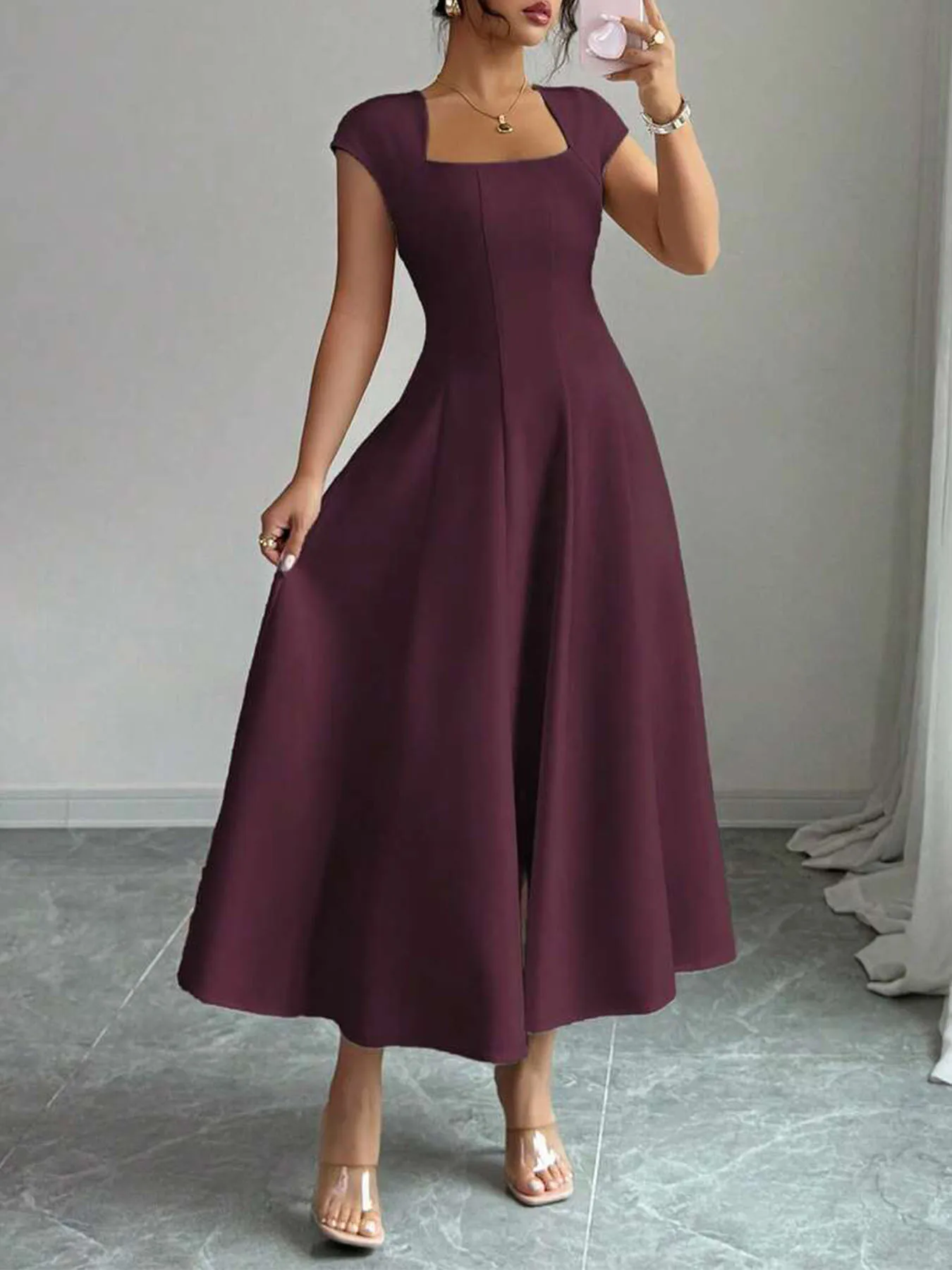 2026 Fashion Elegant Evening Dress A-line Dresses For Woman Party Wedding Vestidos Temperament Short Sleeves Solid Color Banquet