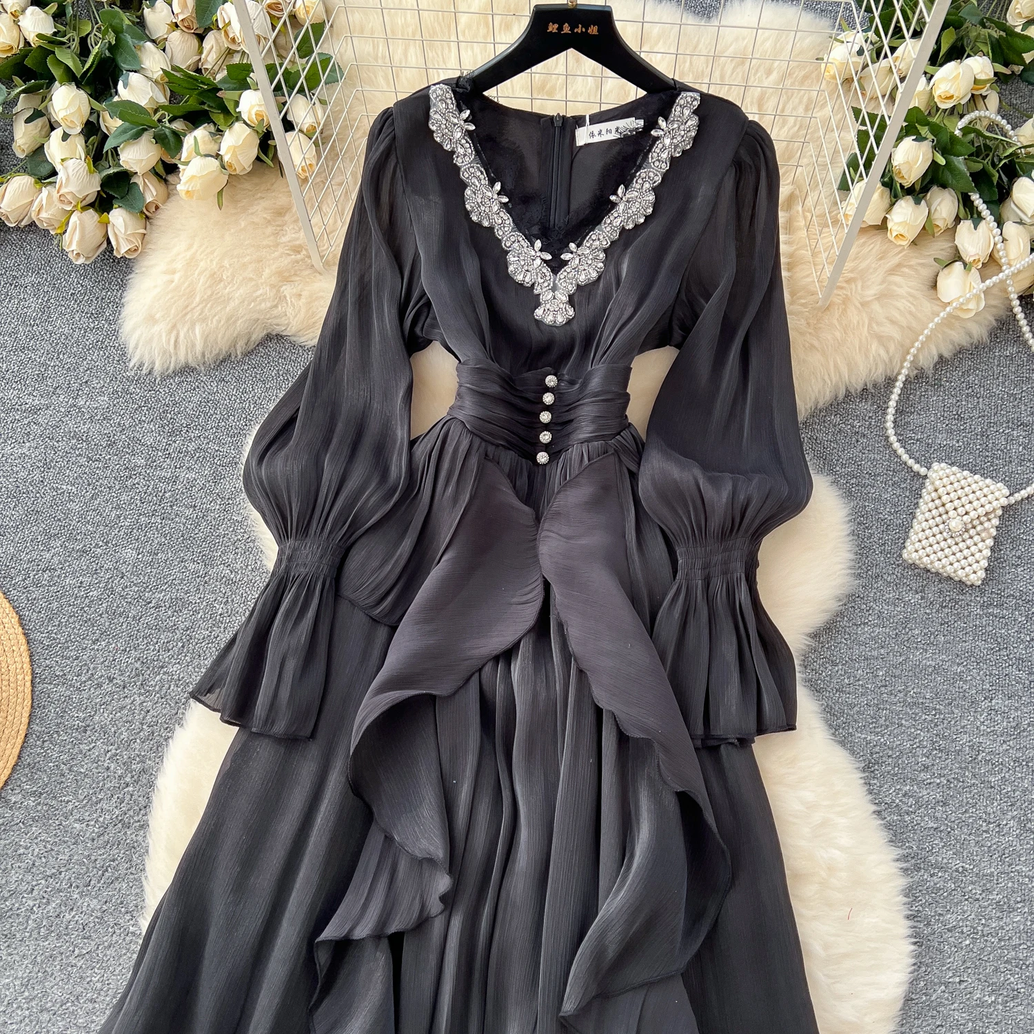 Spring Autumn Women Party Long Dress Elegant Female Red/Purple/Beige/Black Diamonds Patchwork Ruffle A-Line Maxi Vestidos New