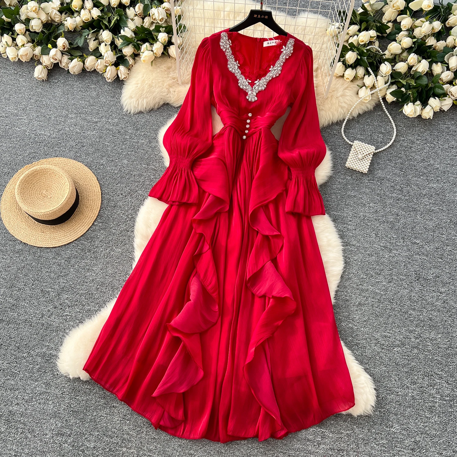Spring Autumn Women Party Long Dress Elegant Female Red/Purple/Beige/Black Diamonds Patchwork Ruffle A-Line Maxi Vestidos New