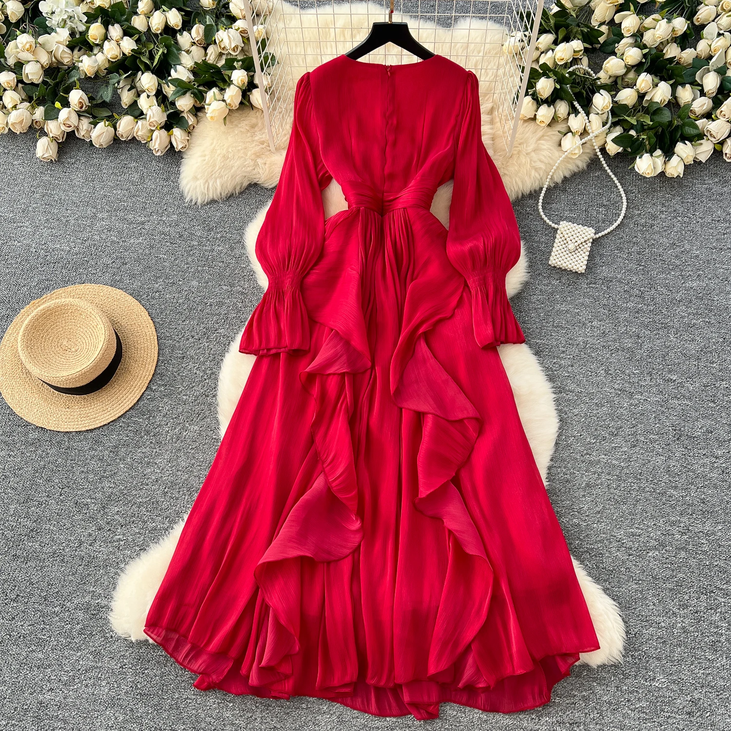 Spring Autumn Women Party Long Dress Elegant Female Red/Purple/Beige/Black Diamonds Patchwork Ruffle A-Line Maxi Vestidos New