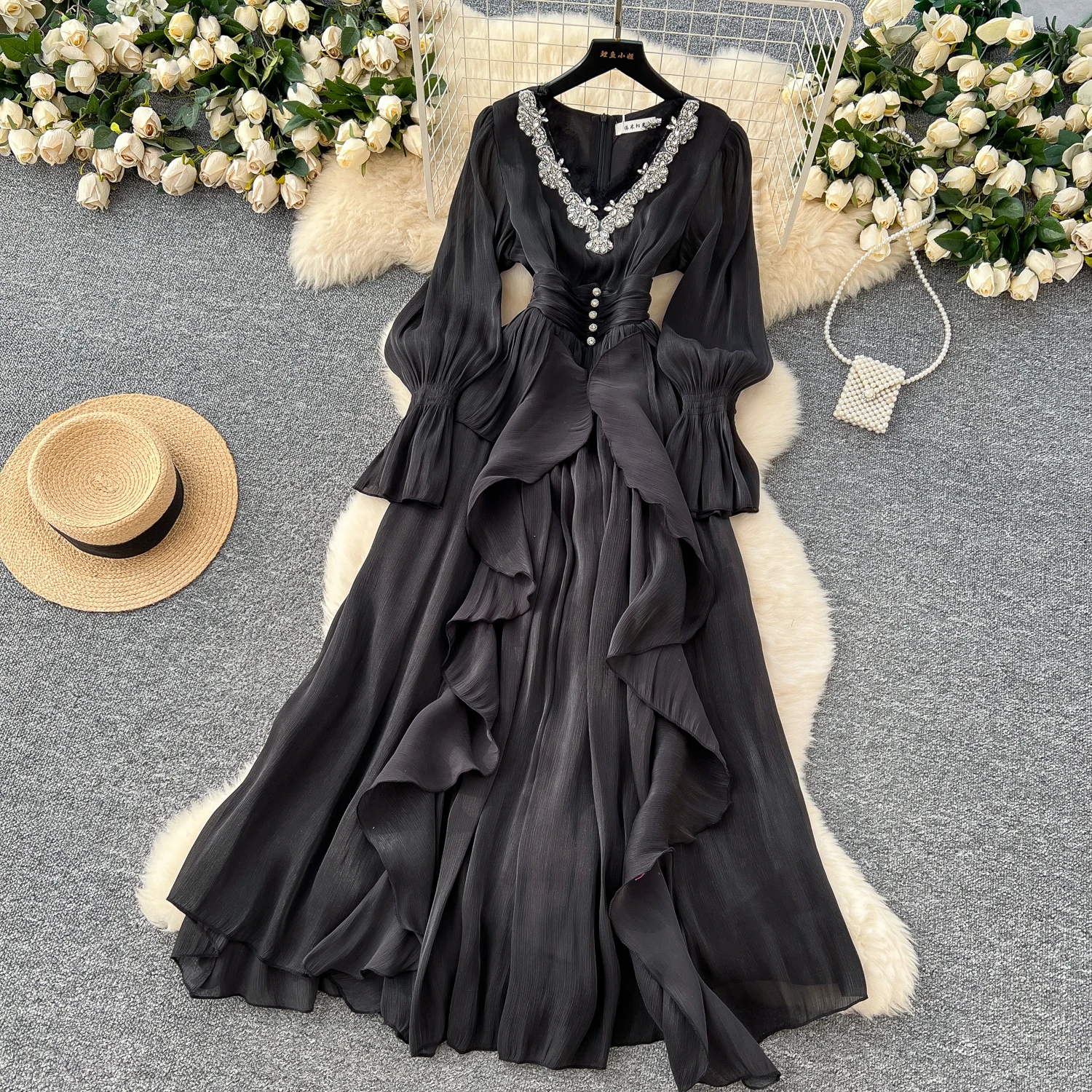 Spring Autumn Women Party Long Dress Elegant Female Red/Purple/Beige/Black Diamonds Patchwork Ruffle A-Line Maxi Vestidos New