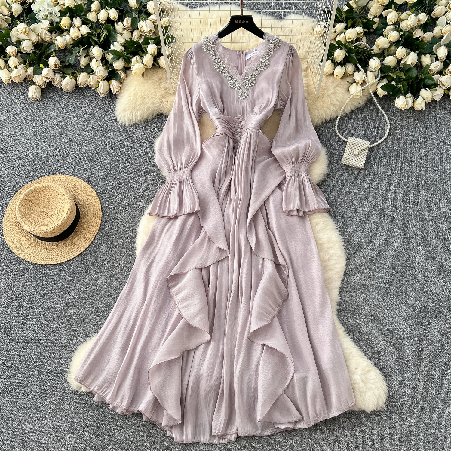 Spring Autumn Women Party Long Dress Elegant Female Red/Purple/Beige/Black Diamonds Patchwork Ruffle A-Line Maxi Vestidos New
