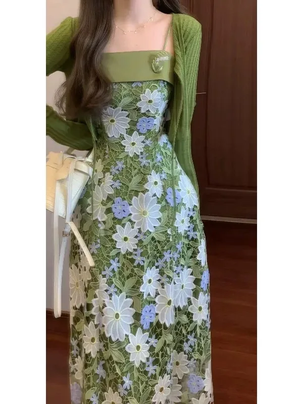Mint Jasmine French Romantic Lace Hollow Green Strap Dress