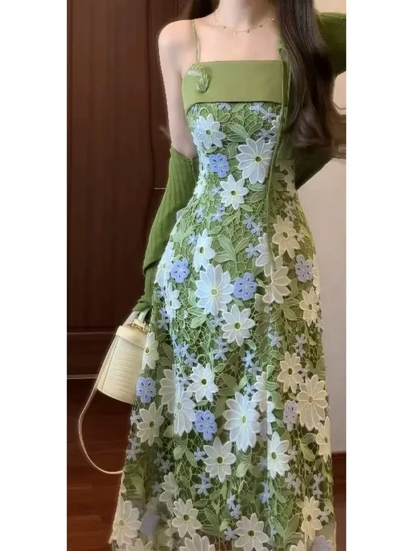 Mint Jasmine French Romantic Lace Hollow Green Strap Dress