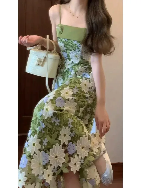 Mint Jasmine French Romantic Lace Hollow Green Strap Dress