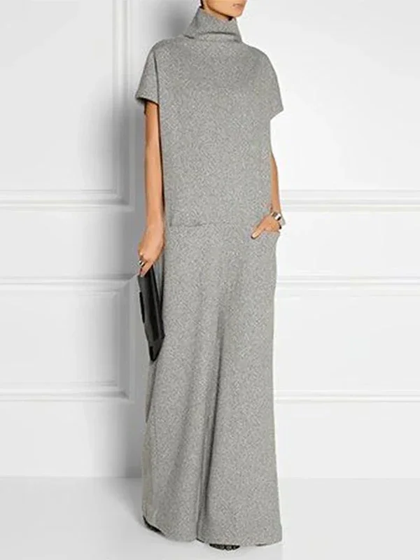 Yeezzi Urban Female Fashion Pockets High Neck Casual Dress 2025 New Short Sleeves Solid Color Loose Office Lady Maxi Dresses