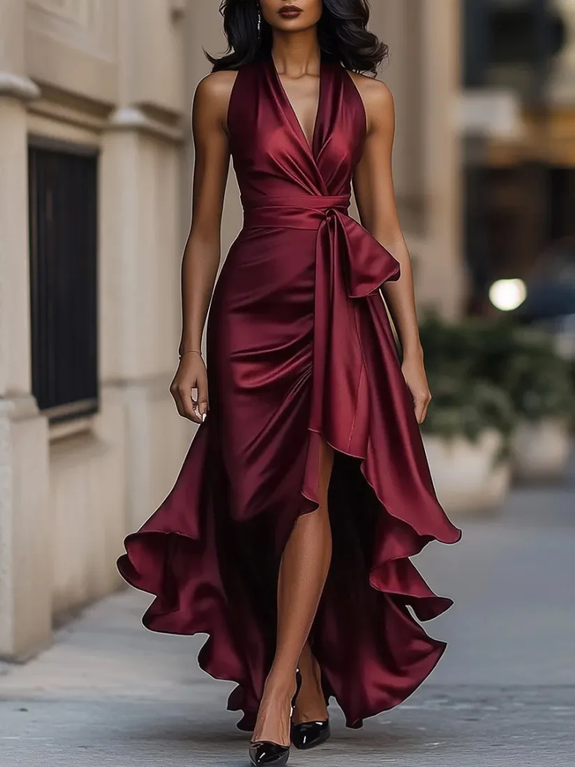 Summer Women's Tank Top Dress High Waist Irregular Elegant V-neck Ruffled Slit Evening Fashion Female's Long Dress