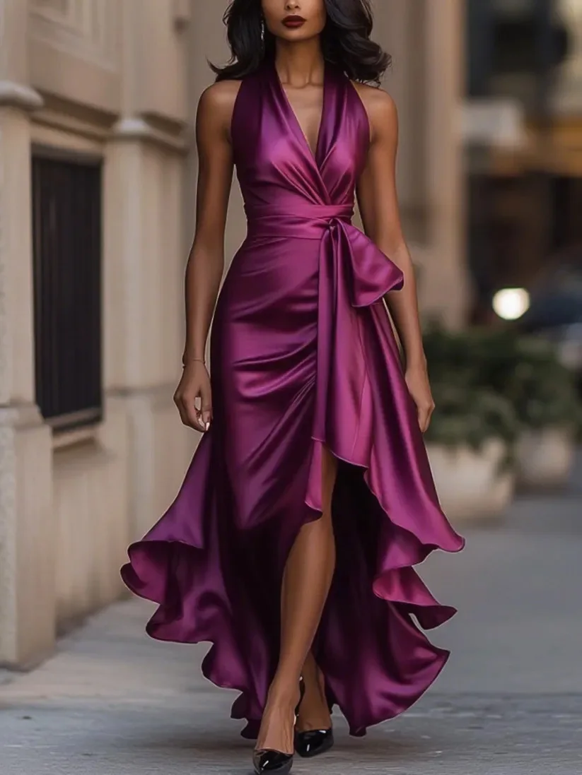 Summer Women's Tank Top Dress High Waist Irregular Elegant V-neck Ruffled Slit Evening Fashion Female's Long Dress