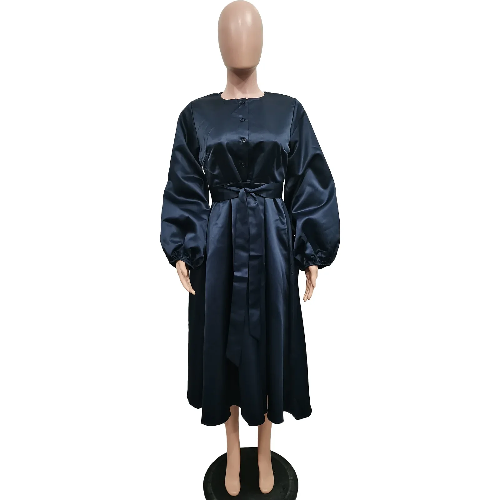 Satin Puff Sleeve Evening Dress for Women Pleated A-Line Round Neck Elegant Party Club Casual Solid Midi Dress with Belt 2025