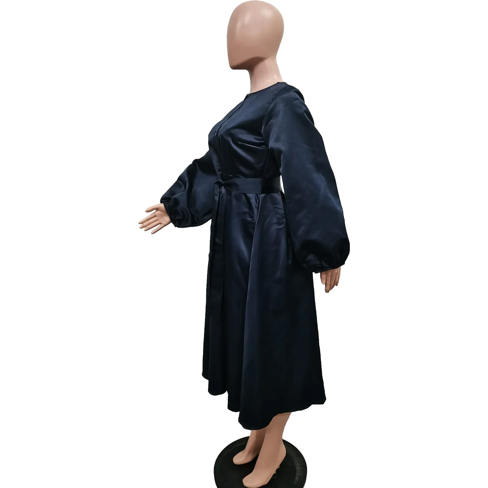 Satin Puff Sleeve Evening Dress for Women Pleated A-Line Round Neck Elegant Party Club Casual Solid Midi Dress with Belt 2025