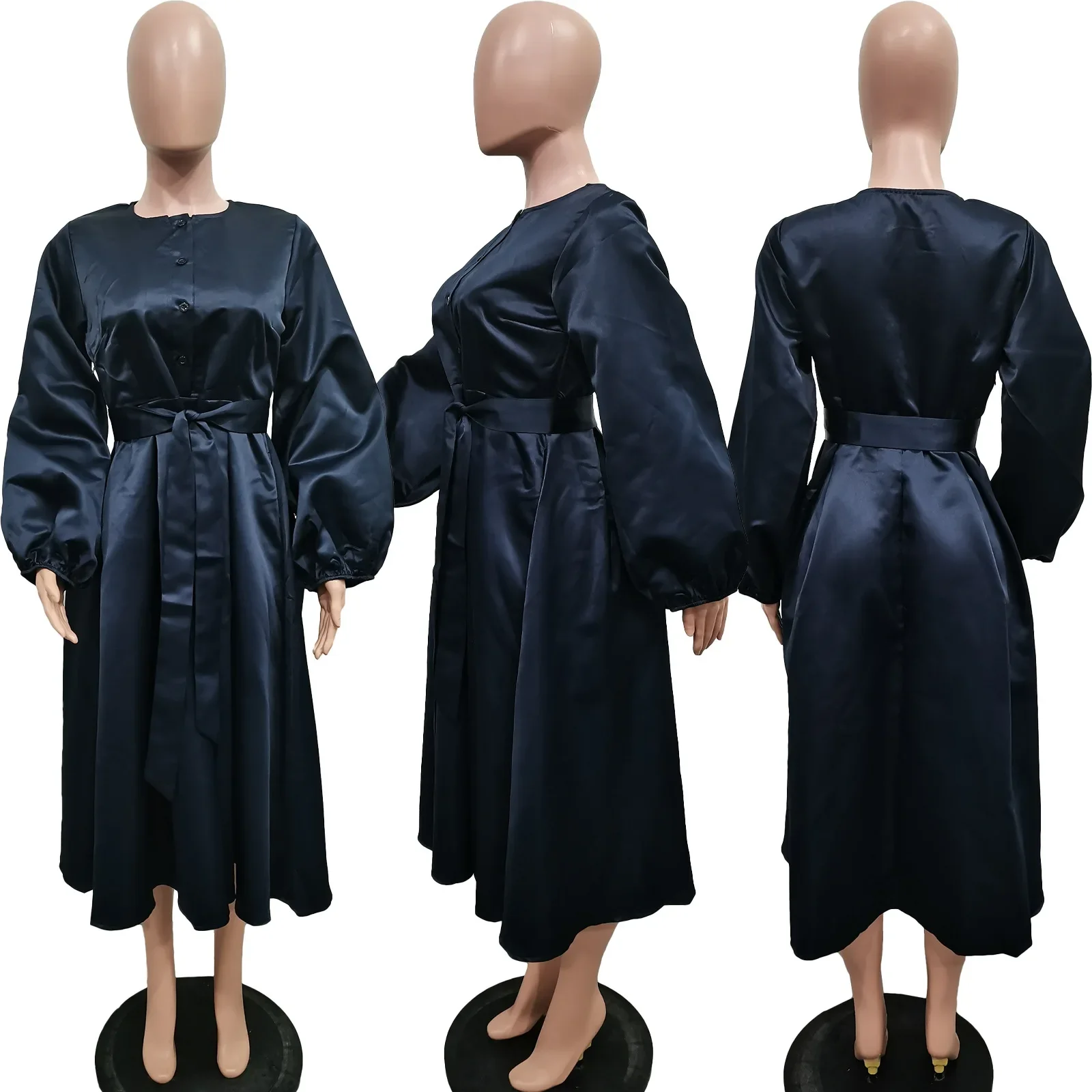 Satin Puff Sleeve Evening Dress for Women Pleated A-Line Round Neck Elegant Party Club Casual Solid Midi Dress with Belt 2025