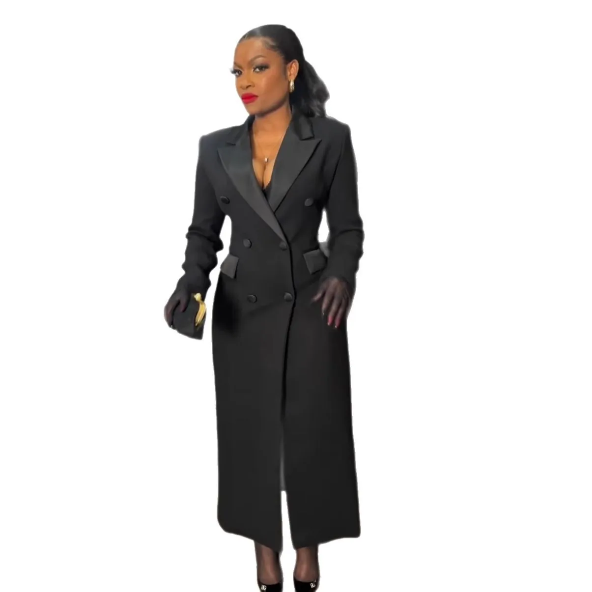 CM.YAYA Fashion Women OL Work Double Breasted Notched Long Sleeve Maxi Dress Spring Sexy Night Elegant Party Street Long Dresses