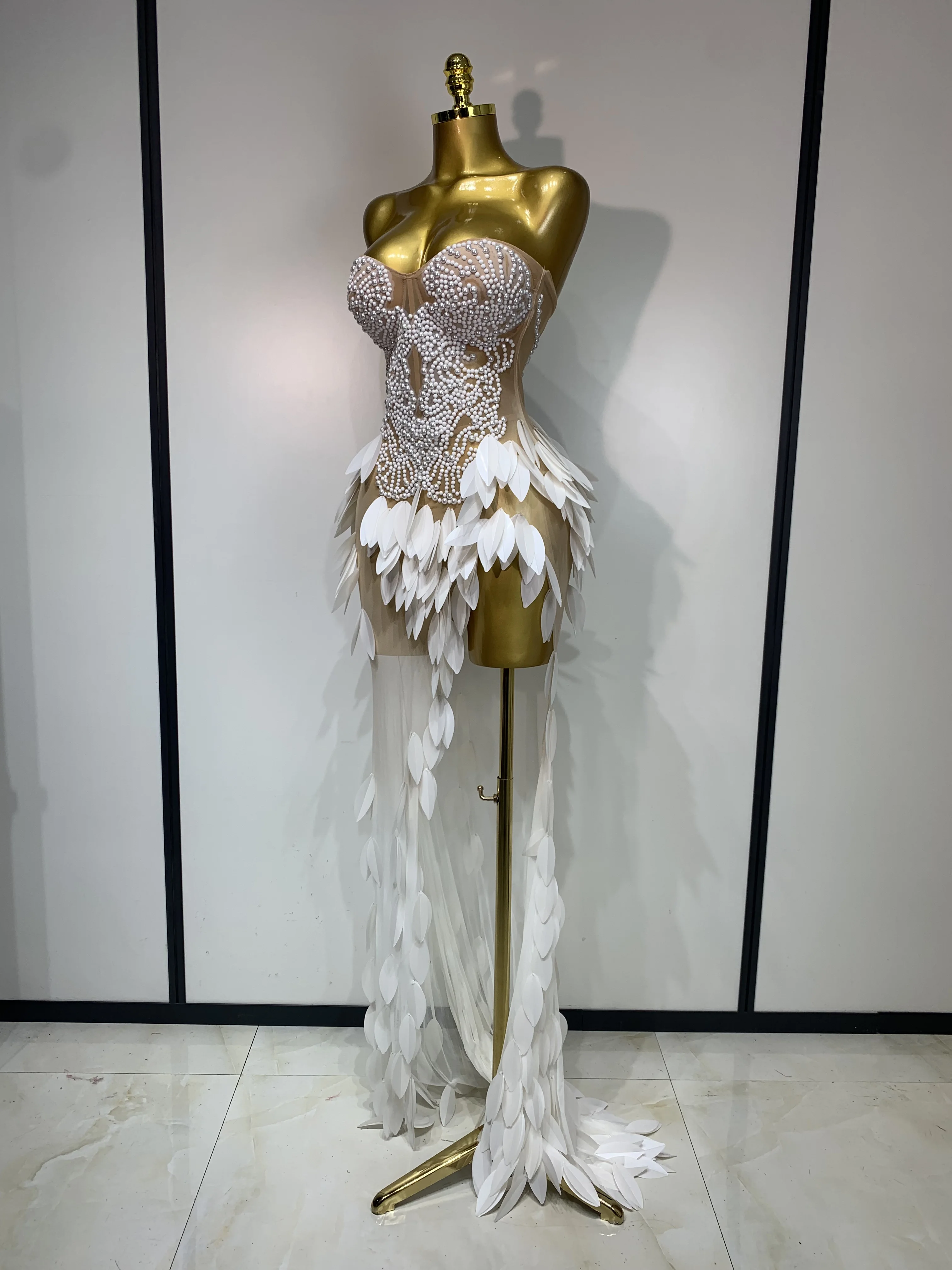 Elegant Pearl Dress Sexy Transparent Mesh Maxi Long Dresses Women Evening Party Wedding Gown Red Carpet Celebrity Stage Outfit
