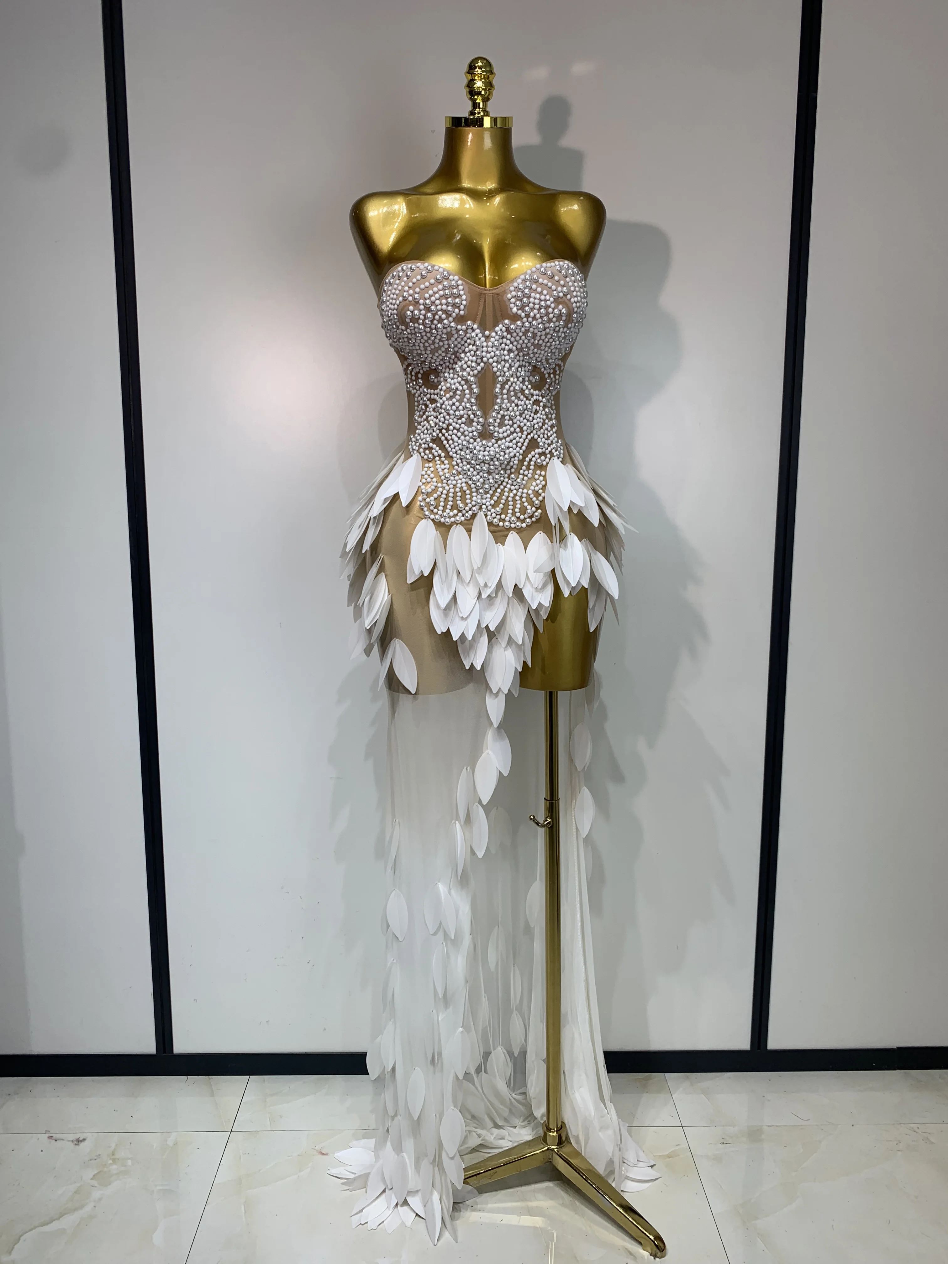 Elegant Pearl Dress Sexy Transparent Mesh Maxi Long Dresses Women Evening Party Wedding Gown Red Carpet Celebrity Stage Outfit