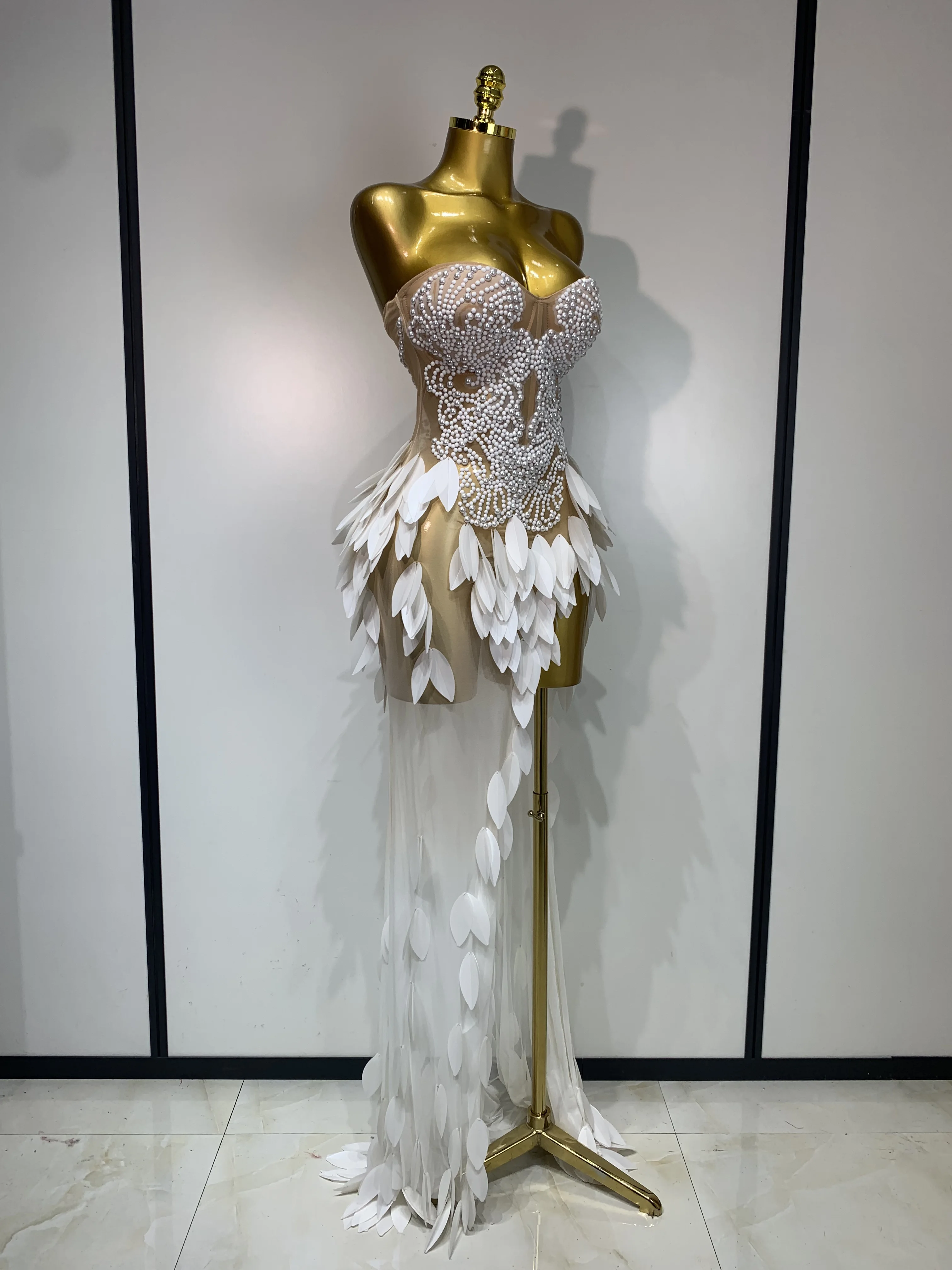 Elegant Pearl Dress Sexy Transparent Mesh Maxi Long Dresses Women Evening Party Wedding Gown Red Carpet Celebrity Stage Outfit