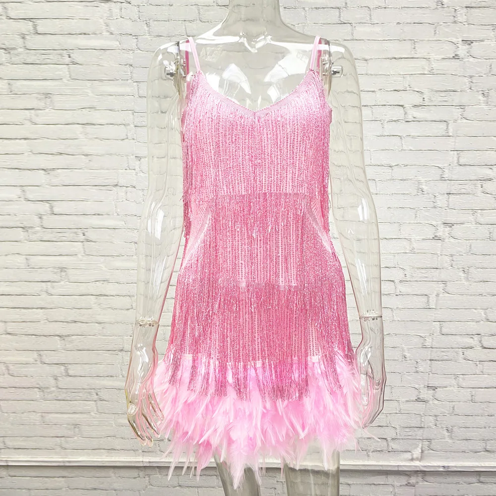 Taruxy Tassel Sequins Dress Women Elegant Feather Spaghetti Straps Mini Dresses Summer Sexy Party Club Evening Dresses Vestidos