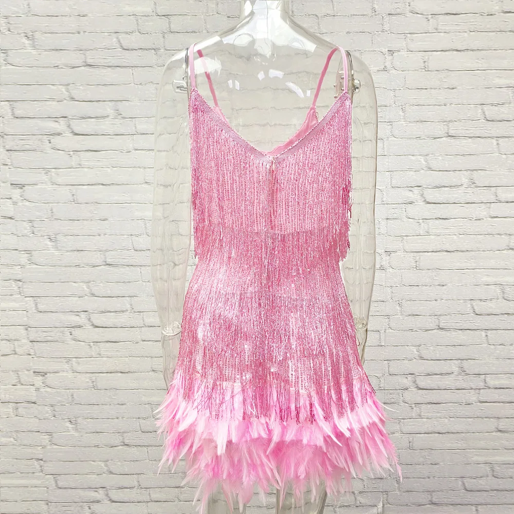 Taruxy Tassel Sequins Dress Women Elegant Feather Spaghetti Straps Mini Dresses Summer Sexy Party Club Evening Dresses Vestidos