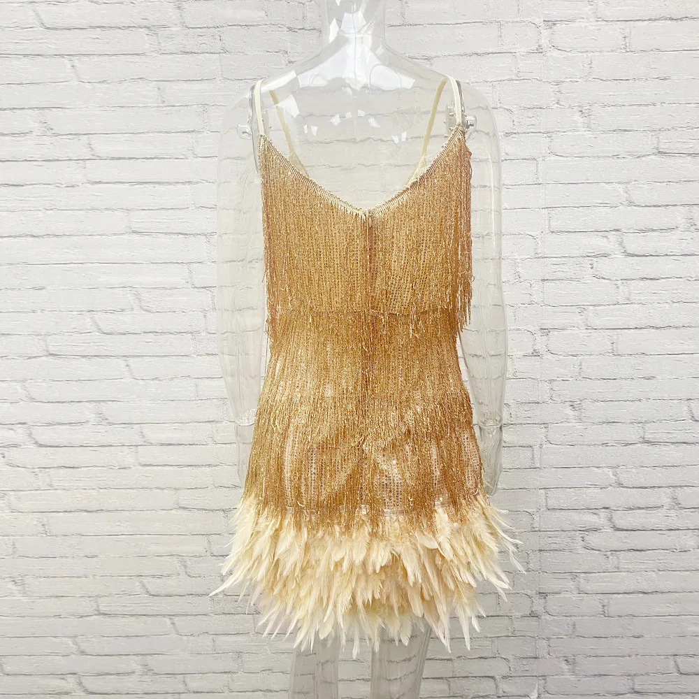 Taruxy Tassel Sequins Dress Women Elegant Feather Spaghetti Straps Mini Dresses Summer Sexy Party Club Evening Dresses Vestidos