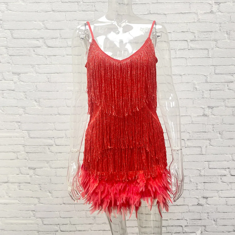 Taruxy Tassel Sequins Dress Women Elegant Feather Spaghetti Straps Mini Dresses Summer Sexy Party Club Evening Dresses Vestidos