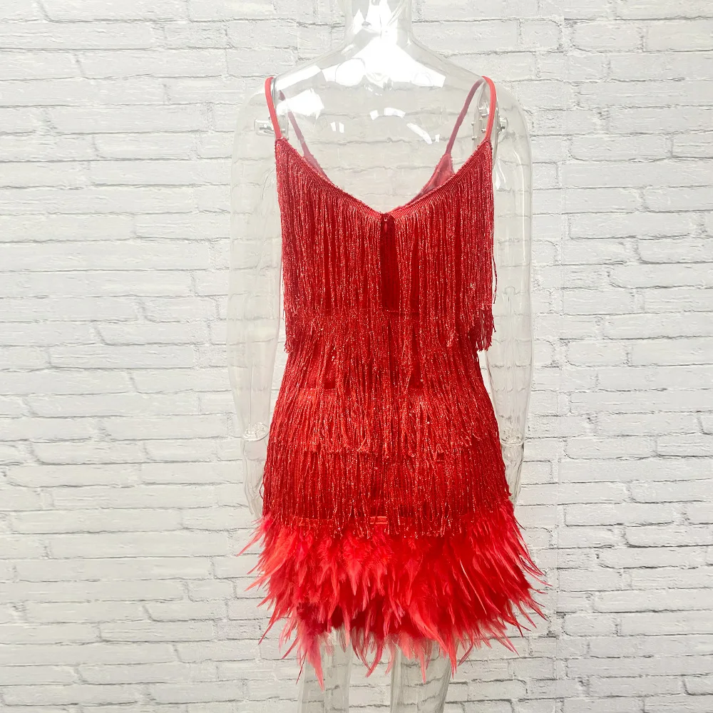 Taruxy Tassel Sequins Dress Women Elegant Feather Spaghetti Straps Mini Dresses Summer Sexy Party Club Evening Dresses Vestidos