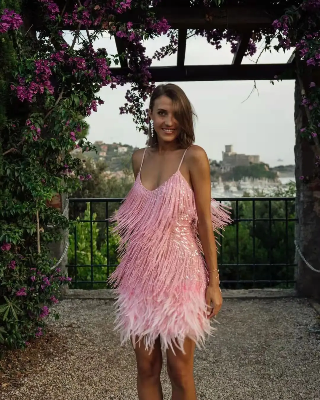 Taruxy Tassel Sequins Dress Women Elegant Feather Spaghetti Straps Mini Dresses Summer Sexy Party Club Evening Dresses Vestidos