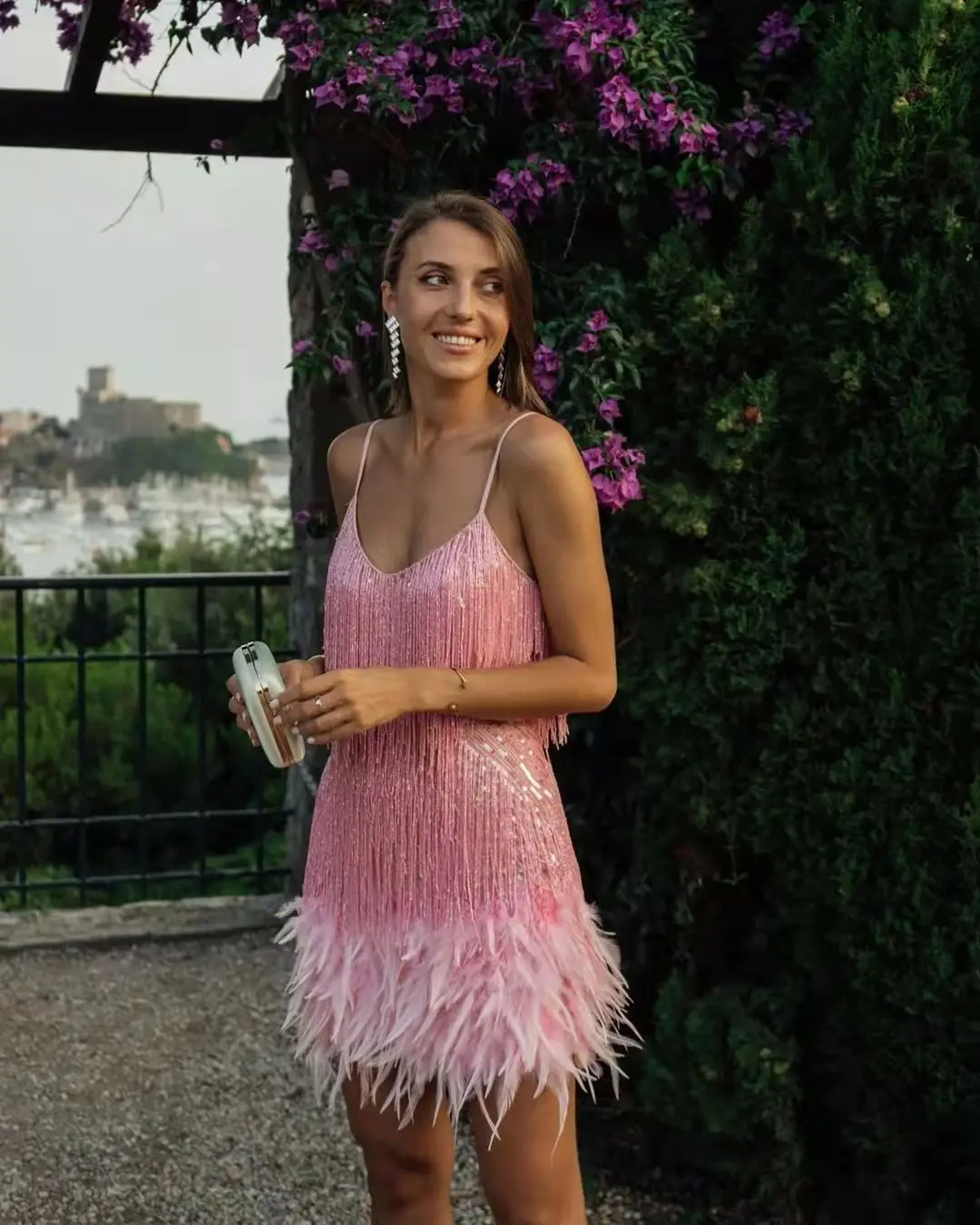 Taruxy Tassel Sequins Dress Women Elegant Feather Spaghetti Straps Mini Dresses Summer Sexy Party Club Evening Dresses Vestidos