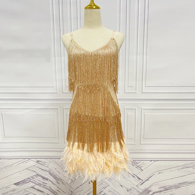 Taruxy Tassel Sequins Dress Women Elegant Feather Spaghetti Straps Mini Dresses Summer Sexy Party Club Evening Dresses Vestidos