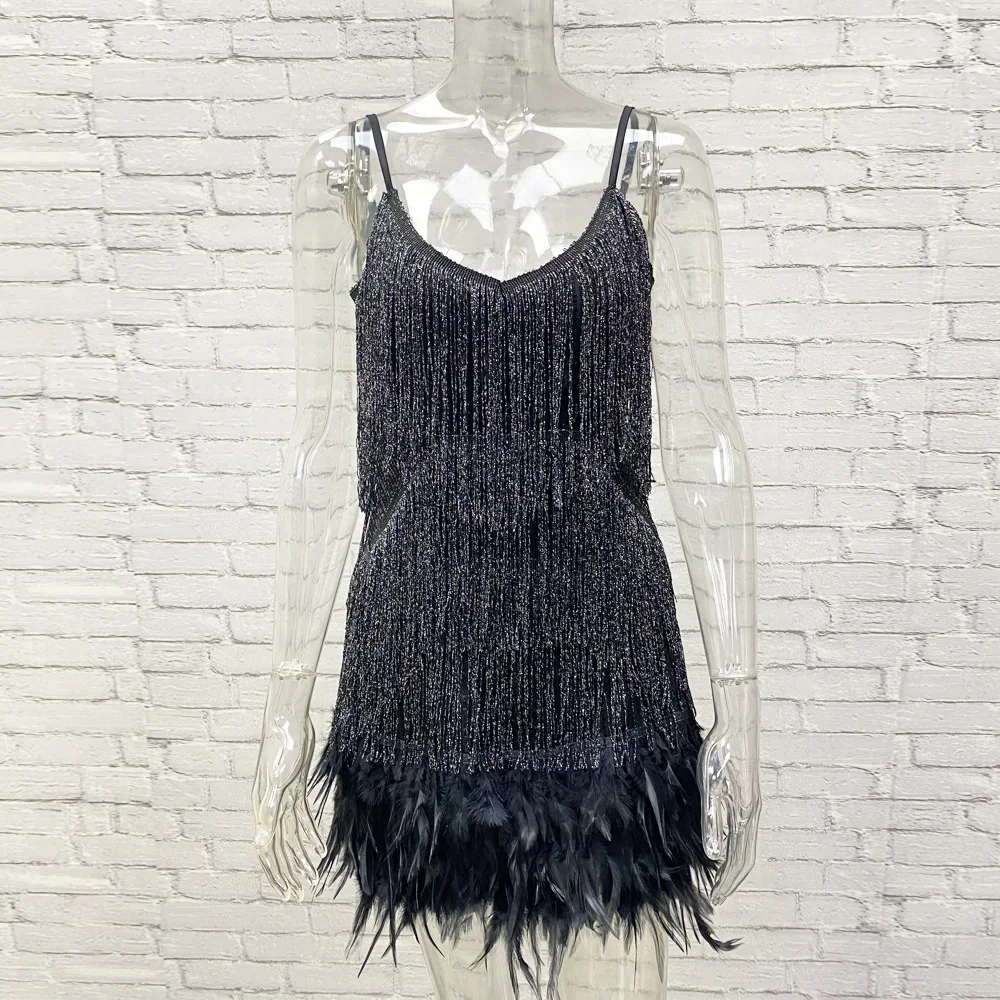Taruxy Tassel Sequins Dress Women Elegant Feather Spaghetti Straps Mini Dresses Summer Sexy Party Club Evening Dresses Vestidos