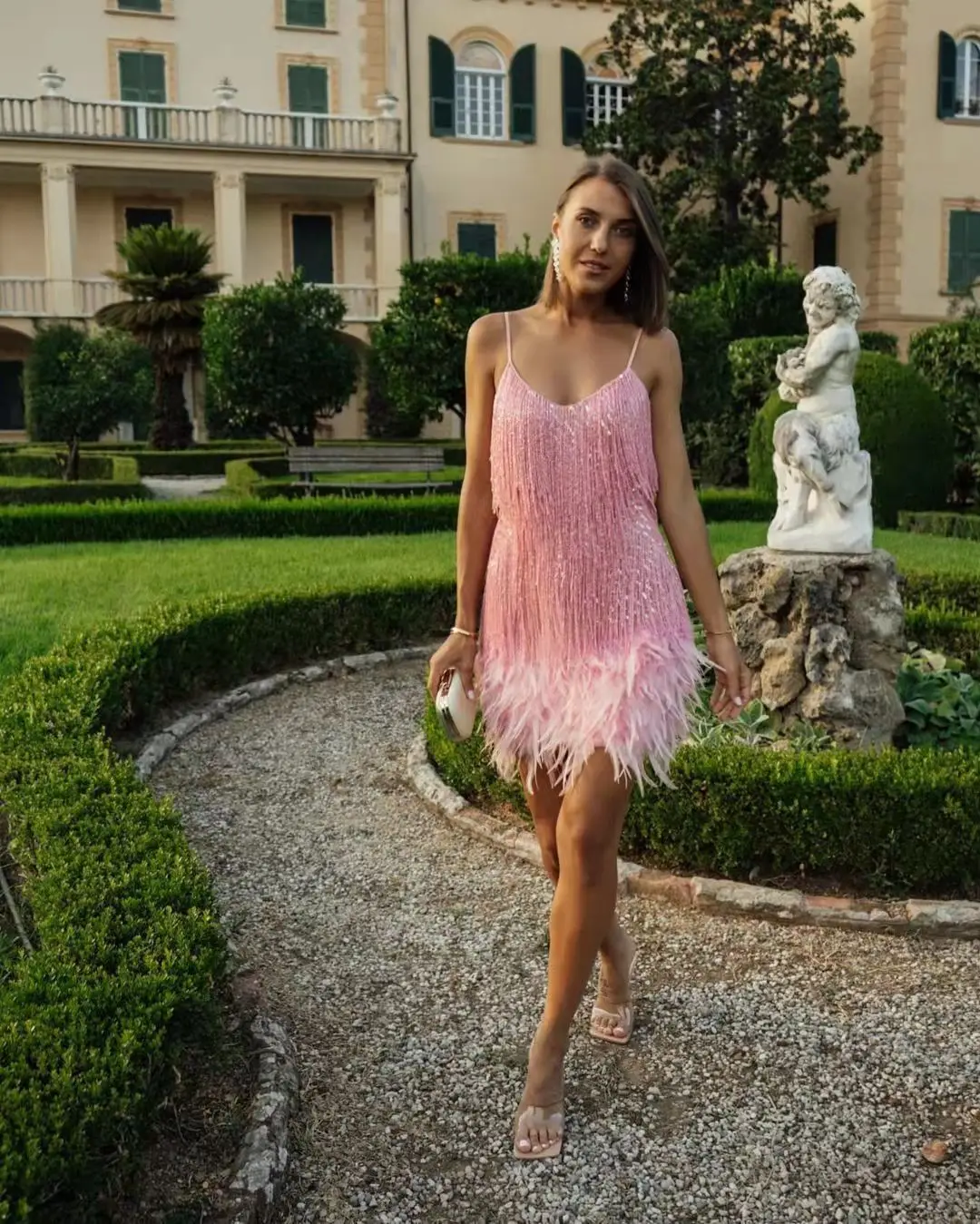 Taruxy Tassel Sequins Dress Women Elegant Feather Spaghetti Straps Mini Dresses Summer Sexy Party Club Evening Dresses Vestidos