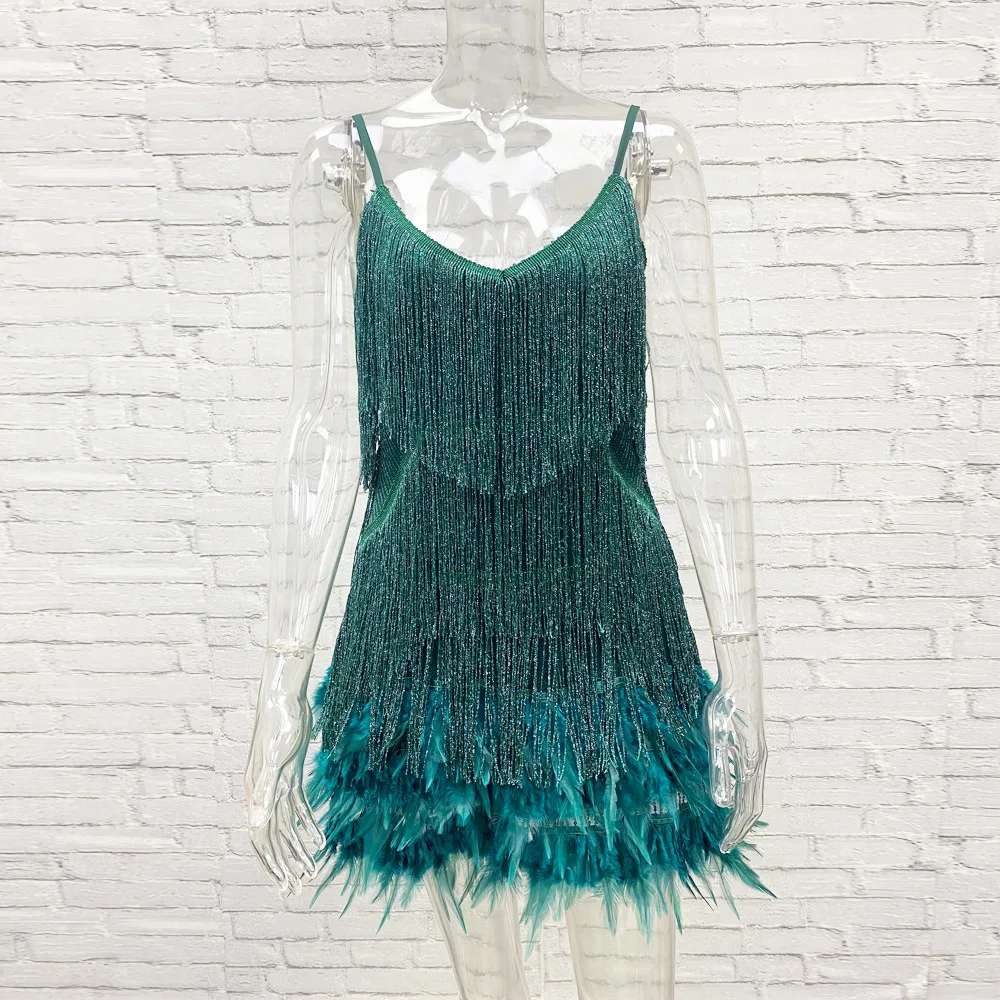 Taruxy Tassel Sequins Dress Women Elegant Feather Spaghetti Straps Mini Dresses Summer Sexy Party Club Evening Dresses Vestidos