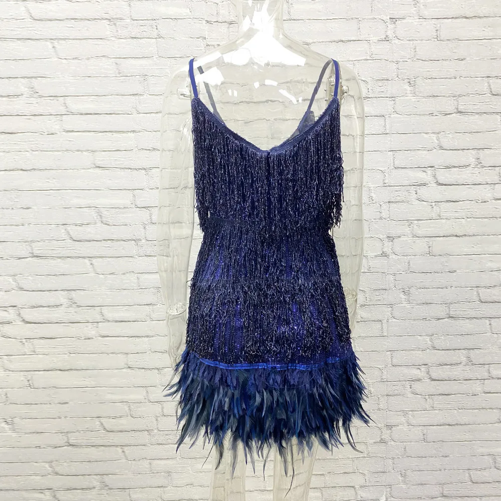 Taruxy Tassel Sequins Dress Women Elegant Feather Spaghetti Straps Mini Dresses Summer Sexy Party Club Evening Dresses Vestidos