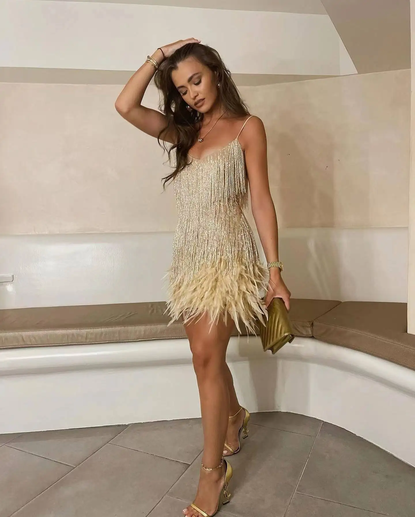 Taruxy Tassel Sequins Dress Women Elegant Feather Spaghetti Straps Mini Dresses Summer Sexy Party Club Evening Dresses Vestidos